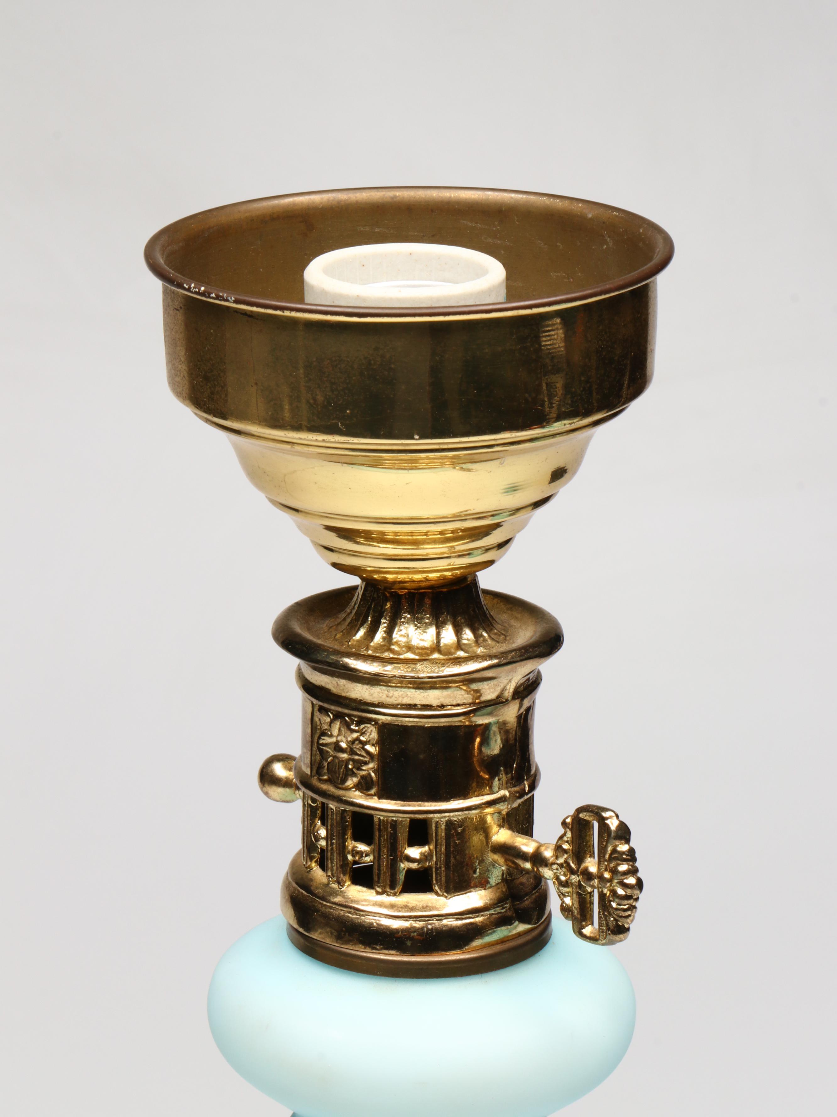 Fenton Blue Satin Glass Console Lamp with Marble Base