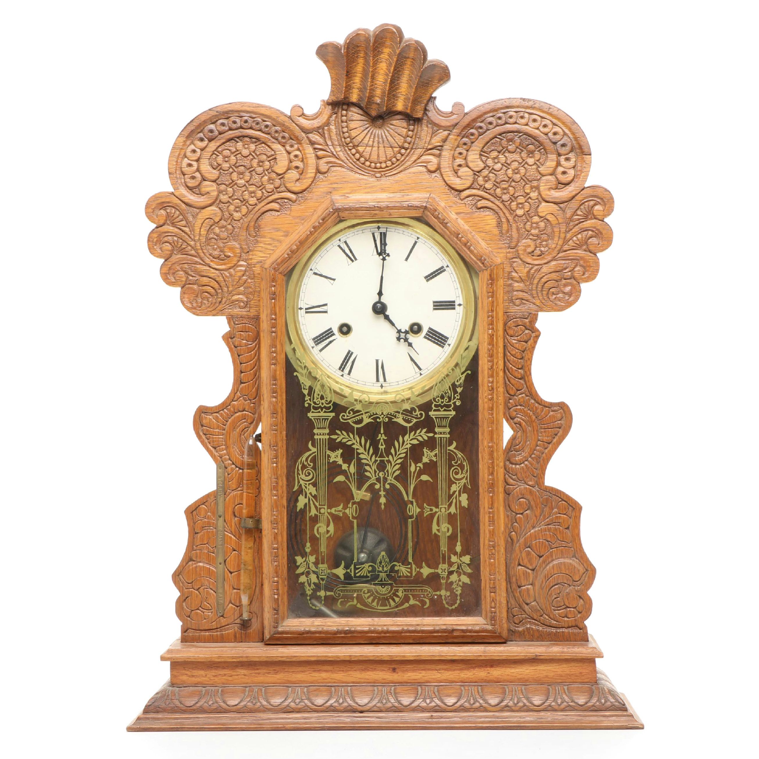 Late Victorian Pressed Oak Gingerbread Kitchen Clock with Barometer Attachment