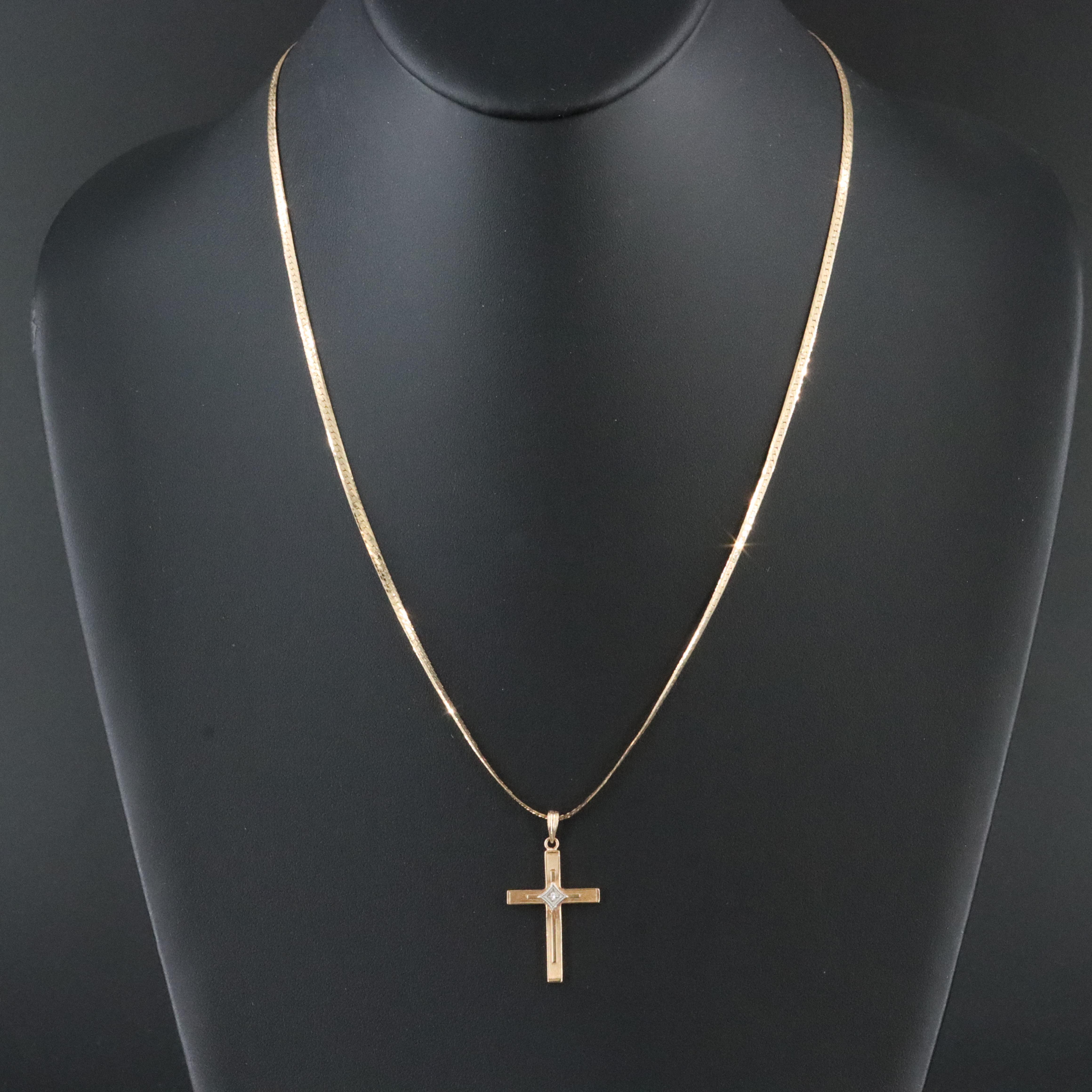 10K 0.01 CT Diamond Cross Pendant on 14K Herringbone Necklace