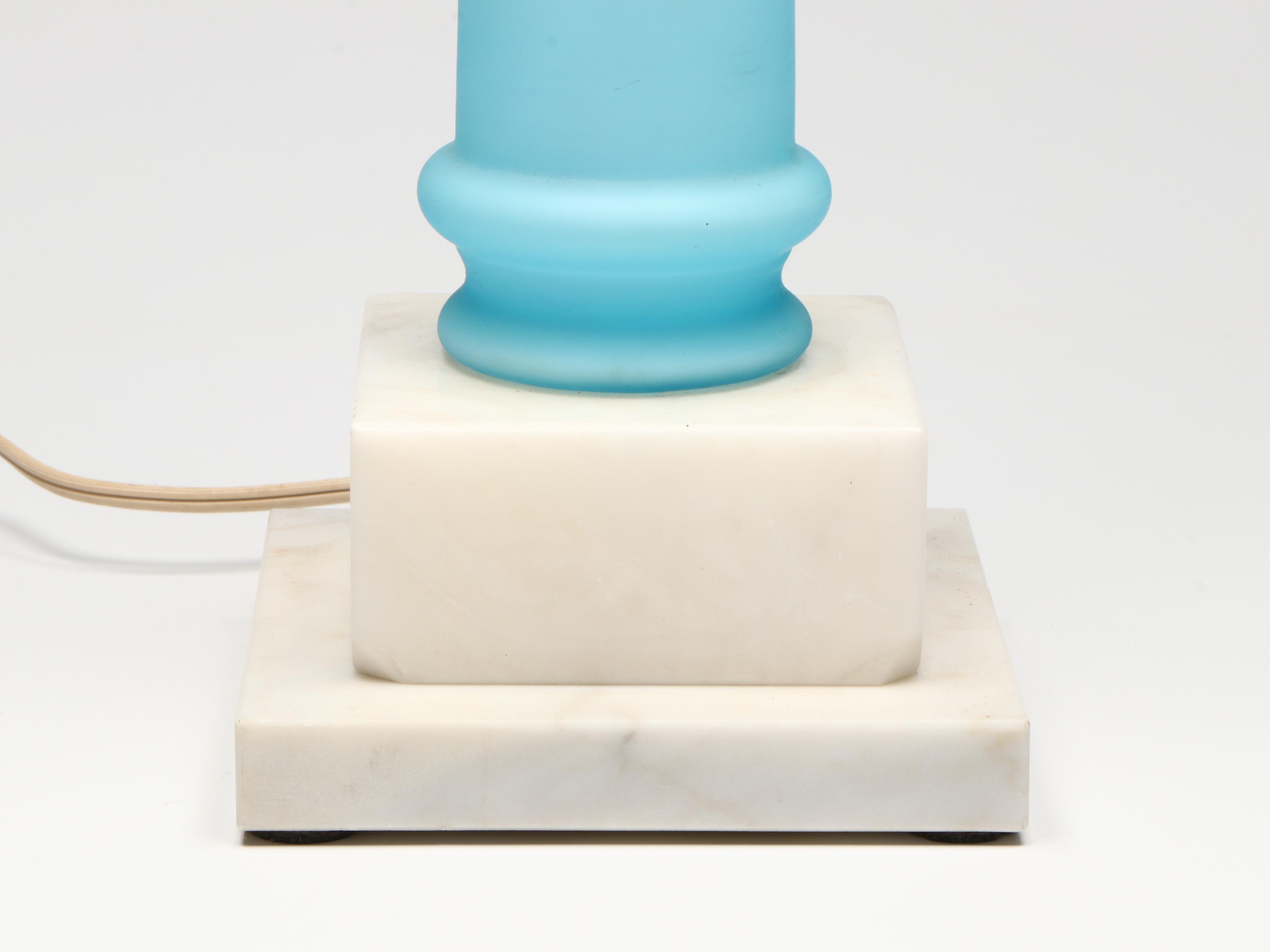Fenton Blue Satin Glass Console Lamp with Marble Base