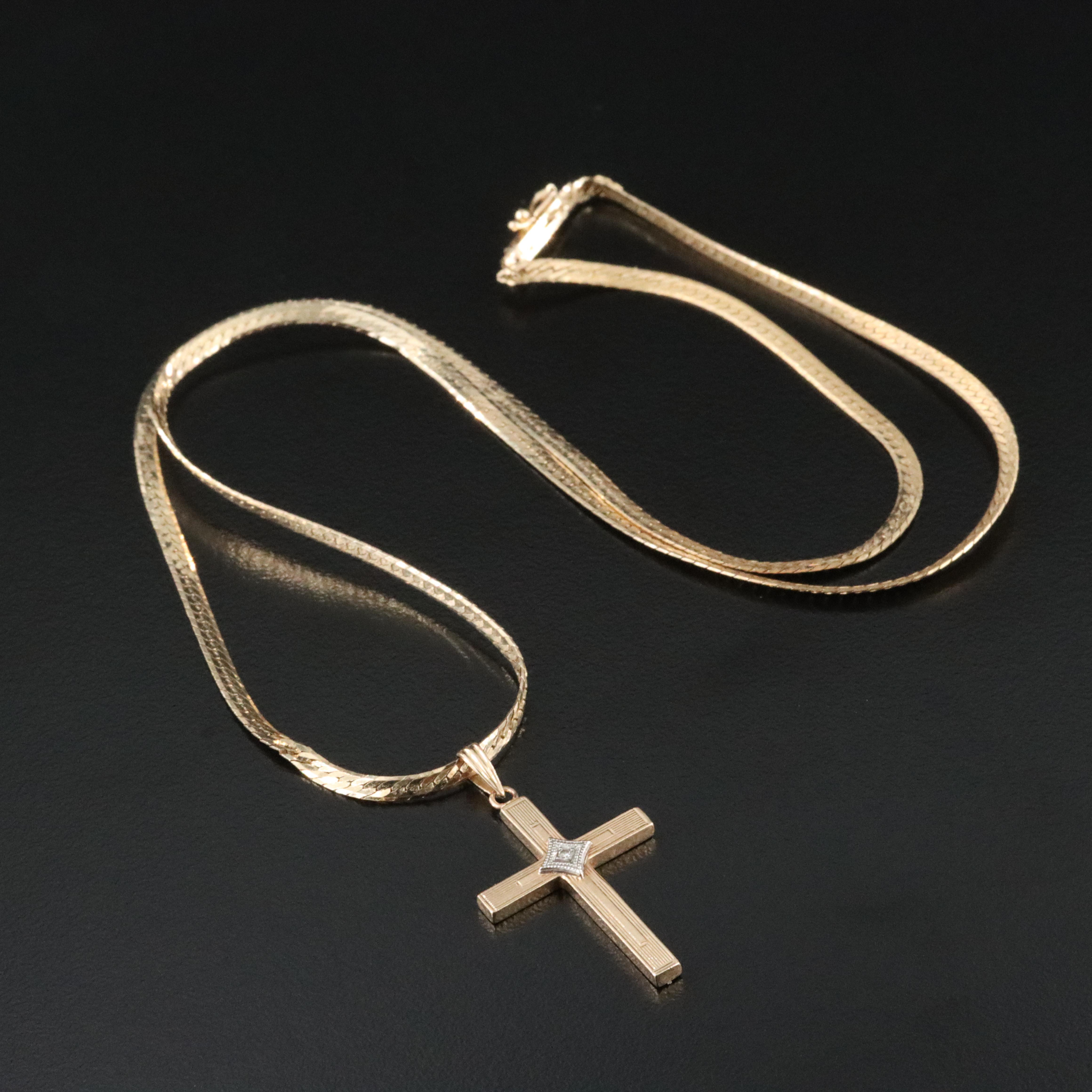 10K 0.01 CT Diamond Cross Pendant on 14K Herringbone Necklace