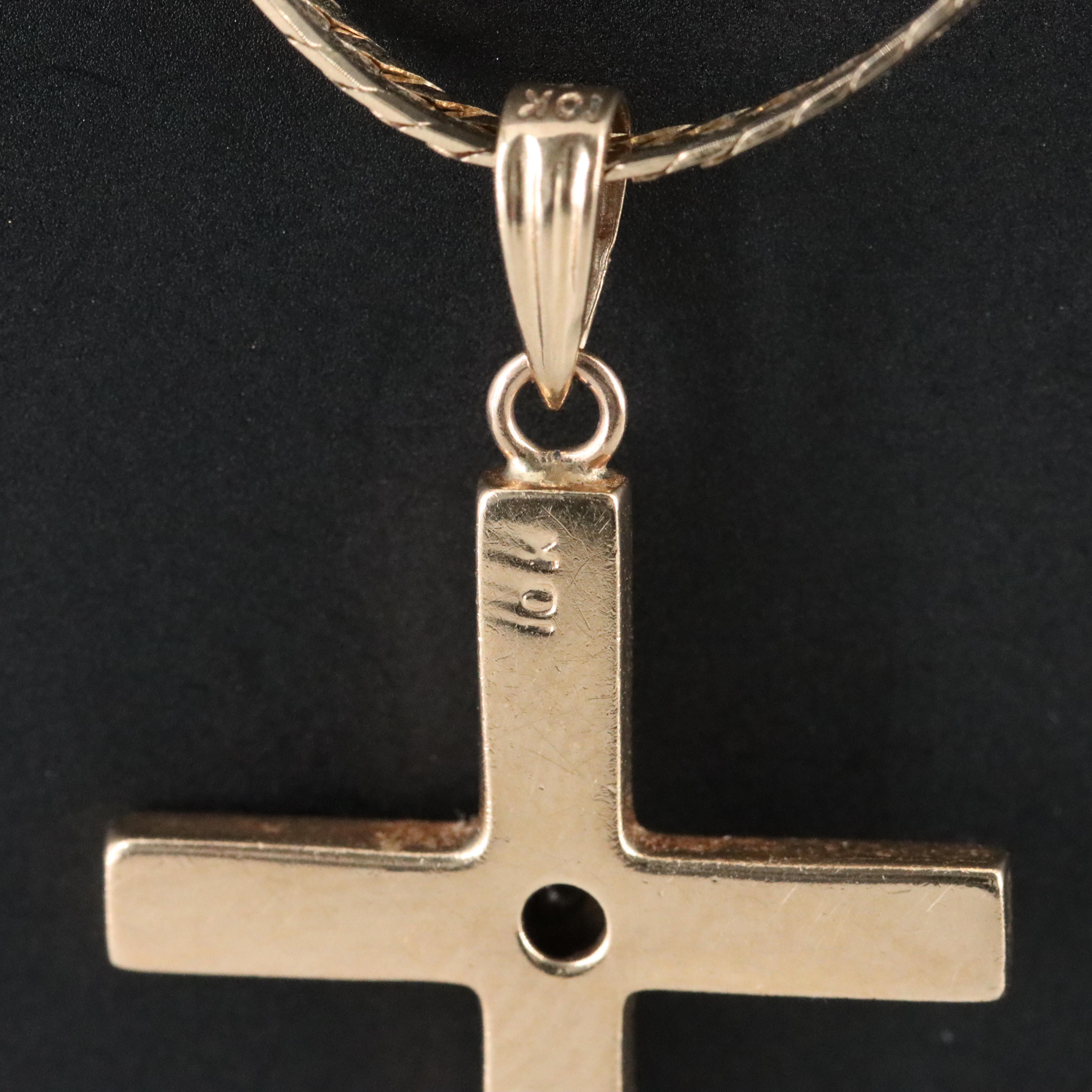 10K 0.01 CT Diamond Cross Pendant on 14K Herringbone Necklace