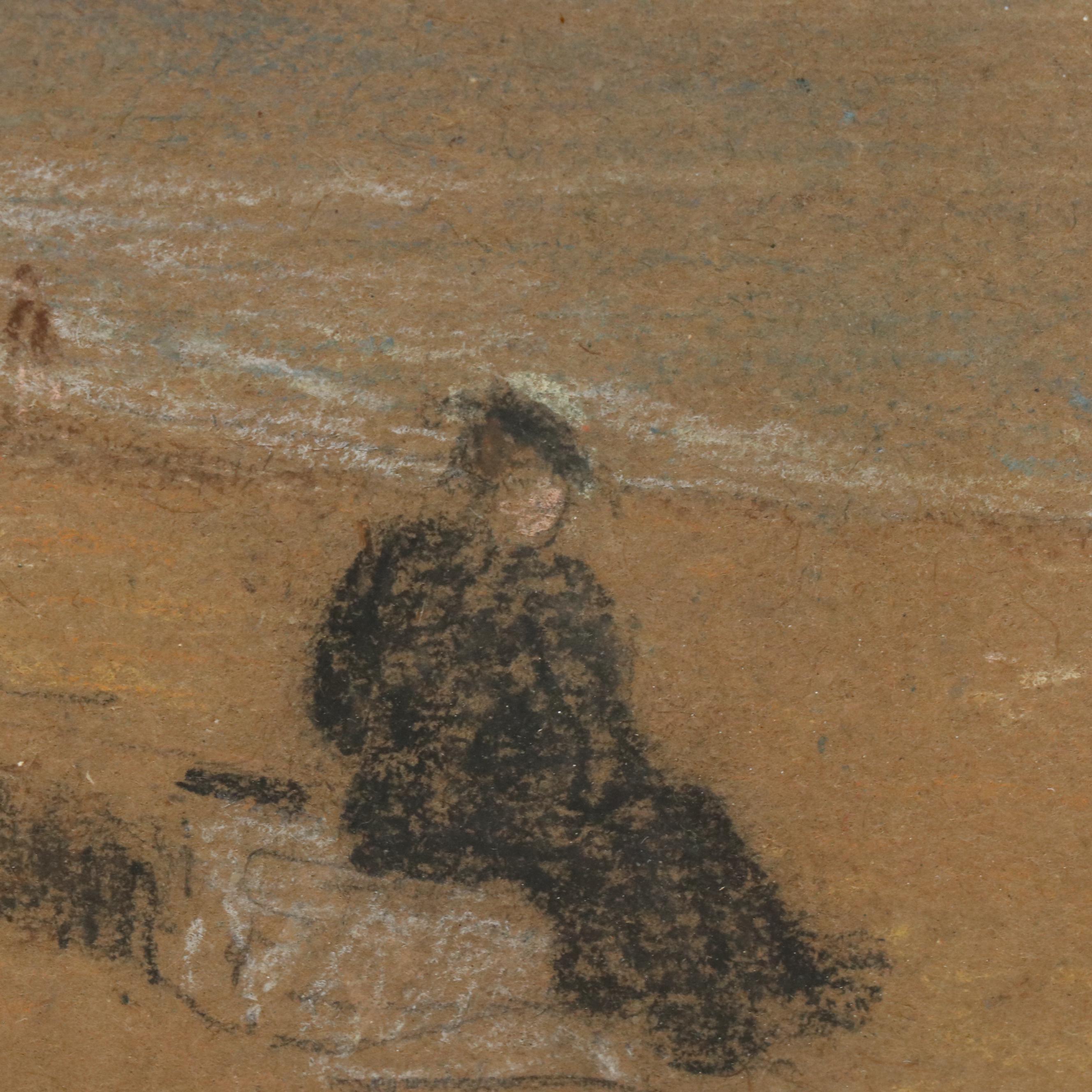 Attr. to Tom Robert Way Beach Scene Pastel Drawing, Early 20th Century
