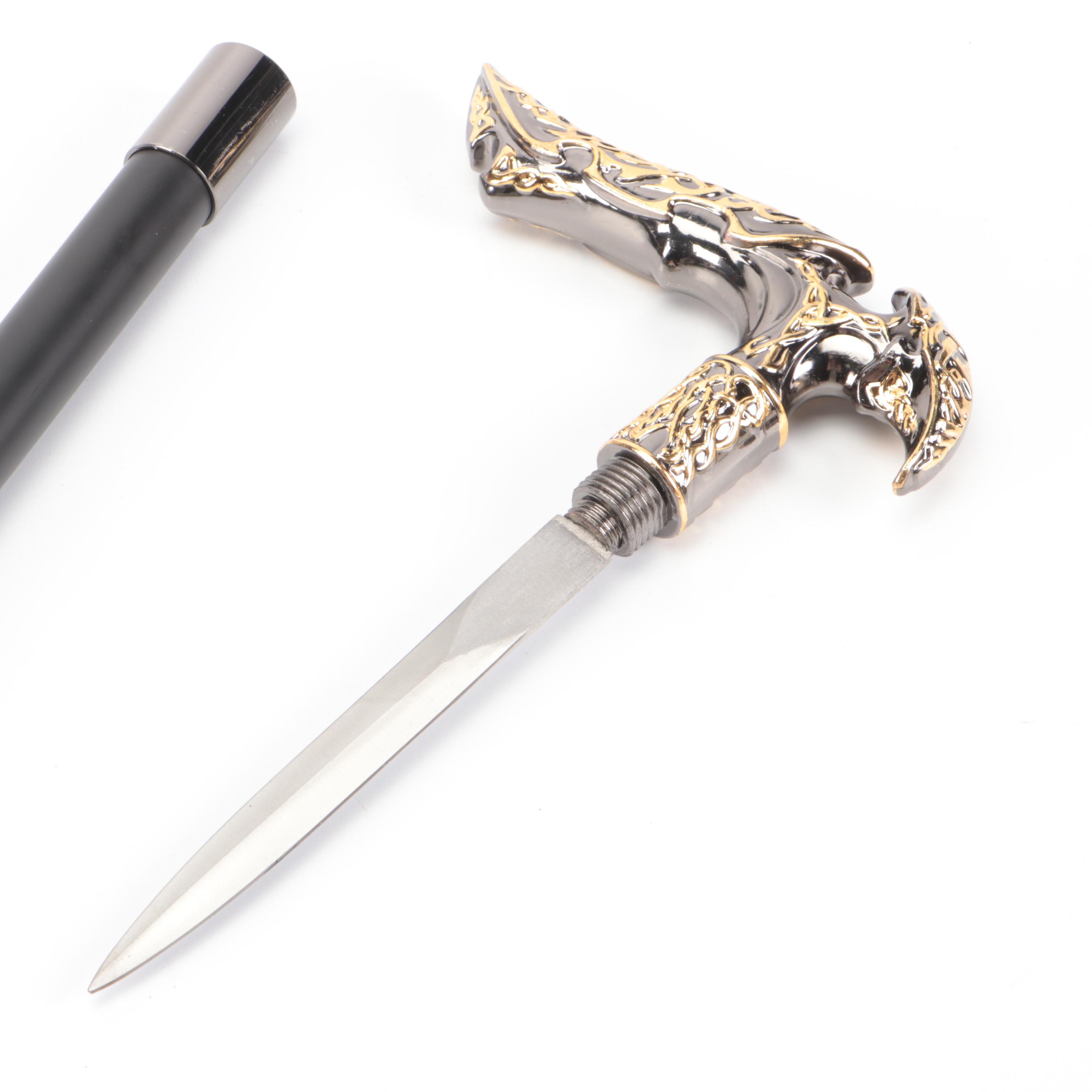 Silver and Gold Finished Embossed Derby Sword Cane