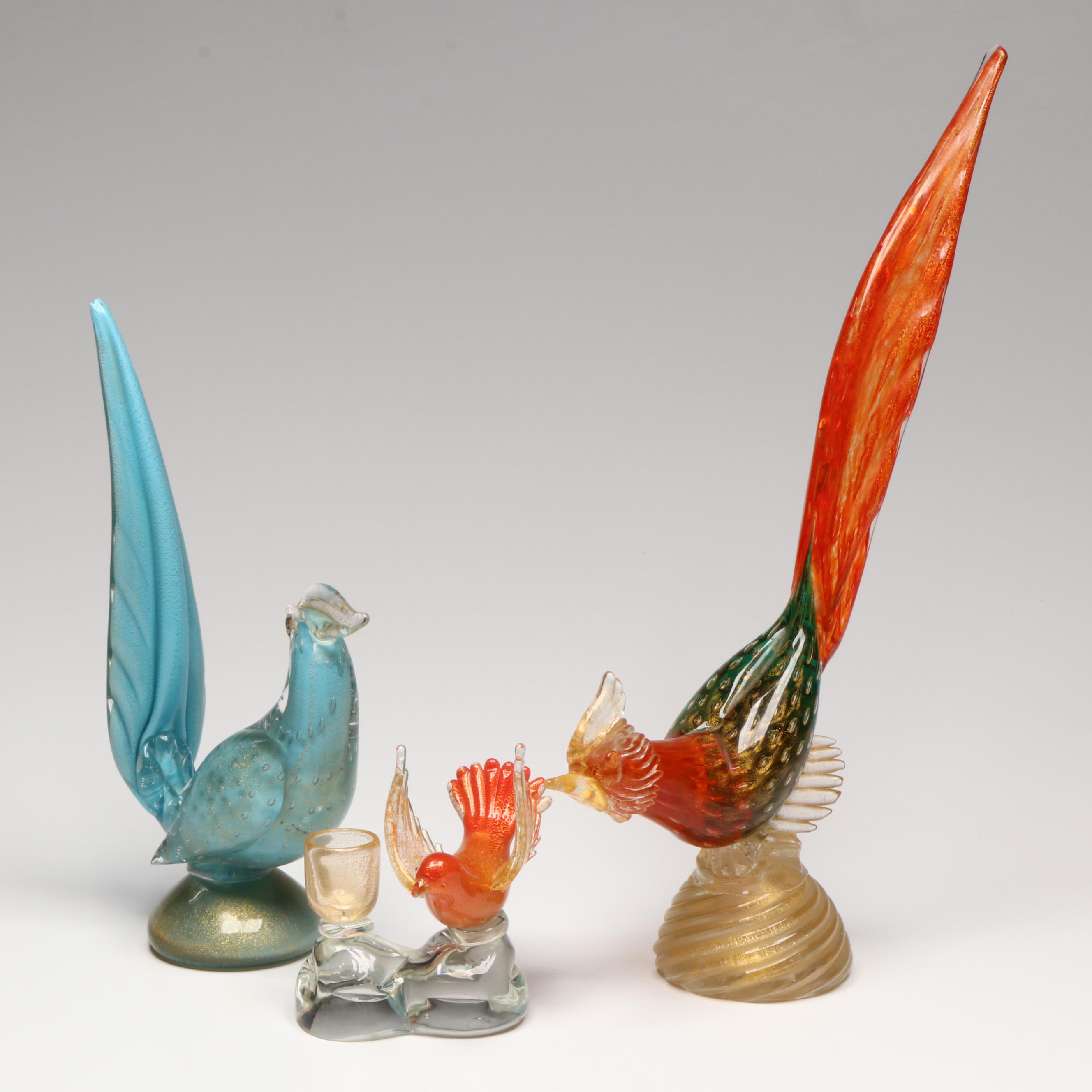 Murano Art Glass with Gold Fleck Pheasant Figurines and Bird Candlestick