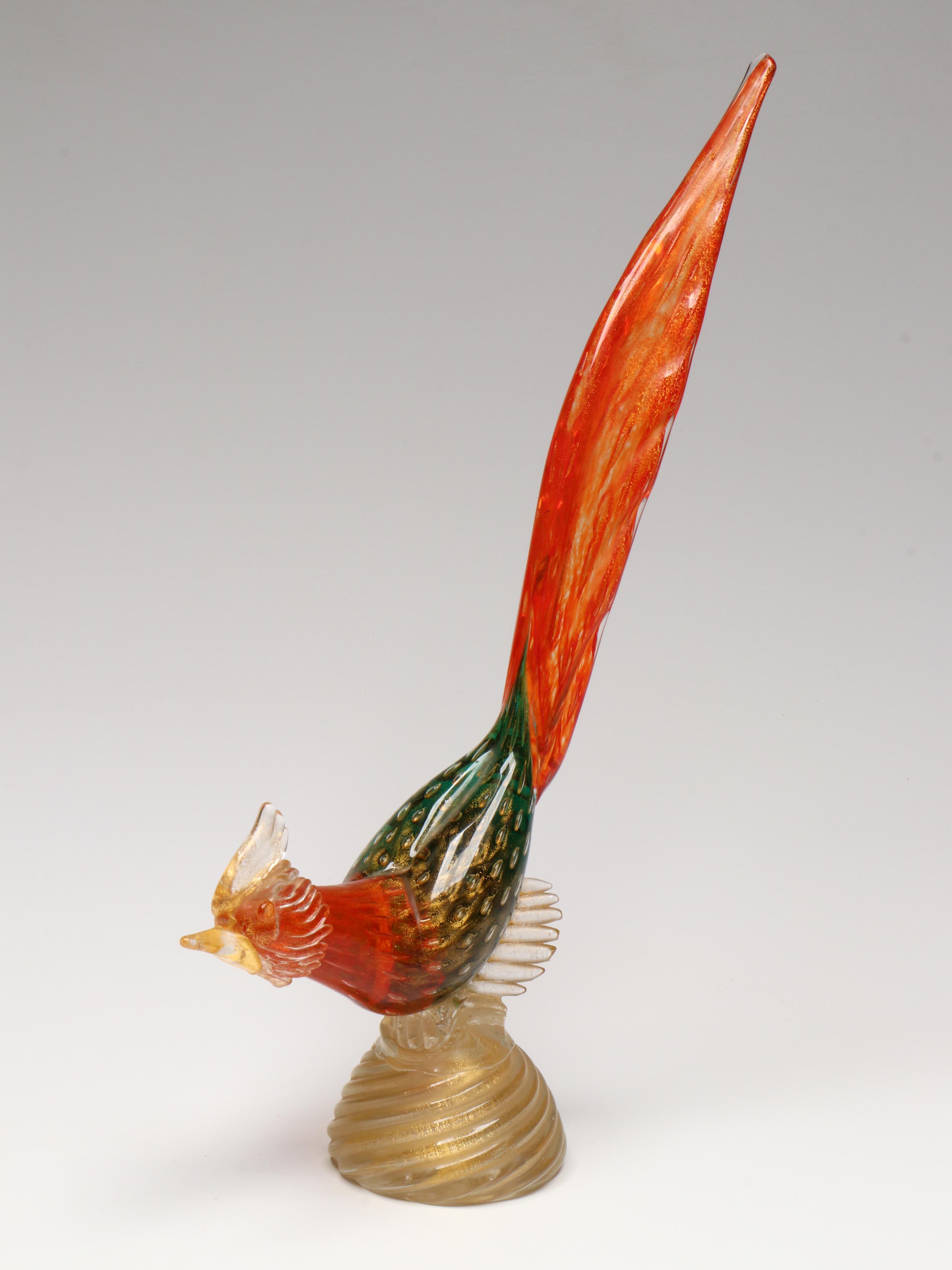 Murano Art Glass with Gold Fleck Pheasant Figurines and Bird Candlestick