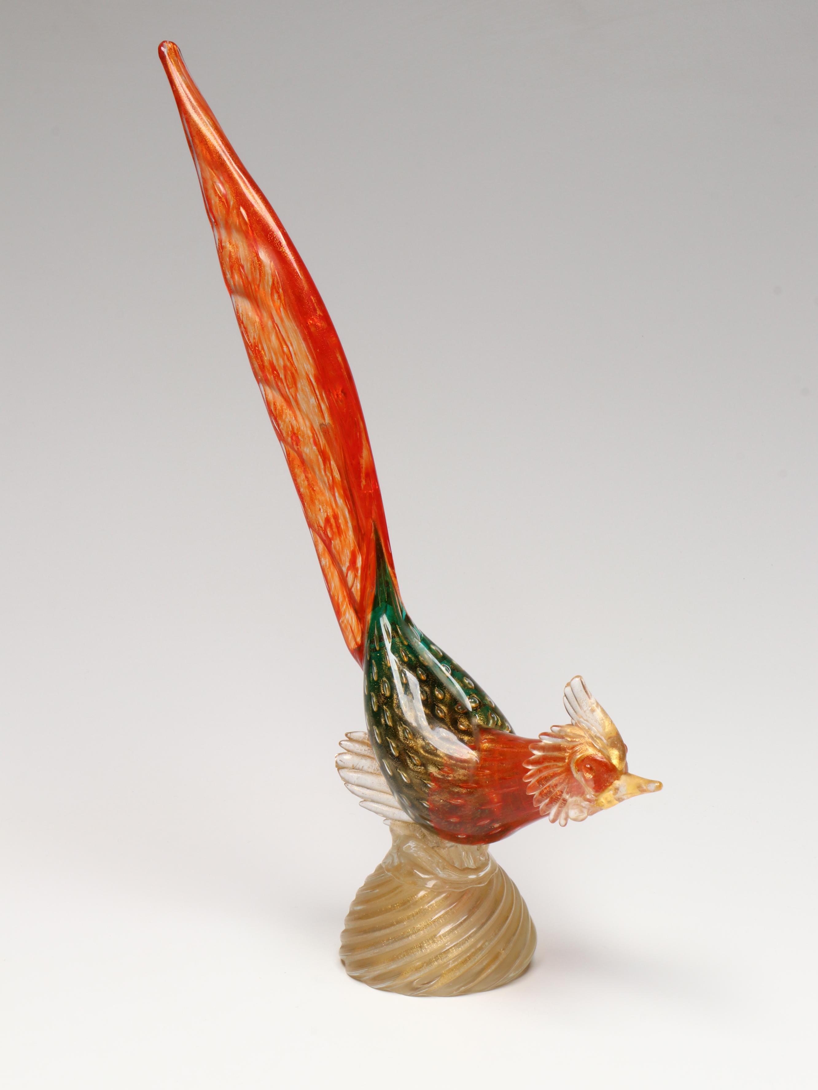 Murano Art Glass with Gold Fleck Pheasant Figurines and Bird Candlestick