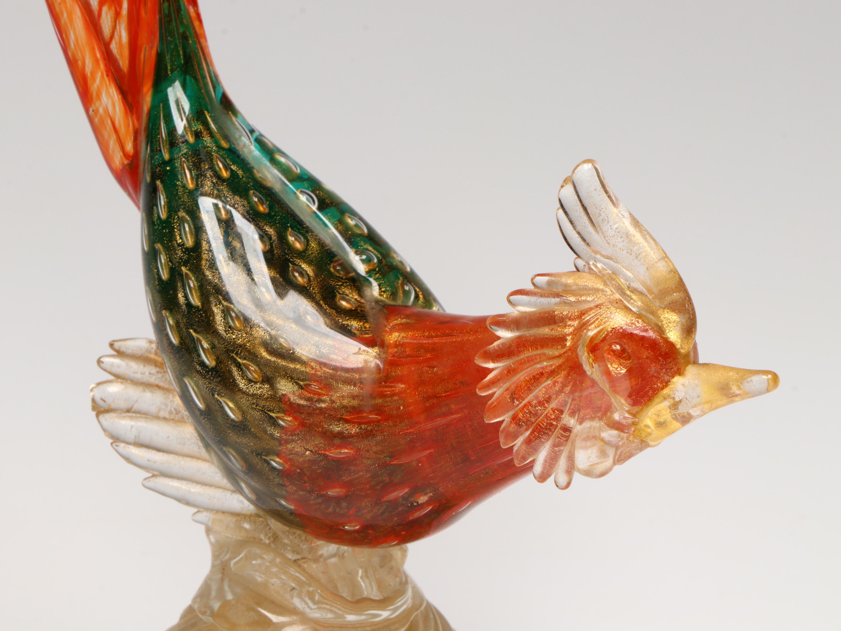 Murano Art Glass with Gold Fleck Pheasant Figurines and Bird Candlestick