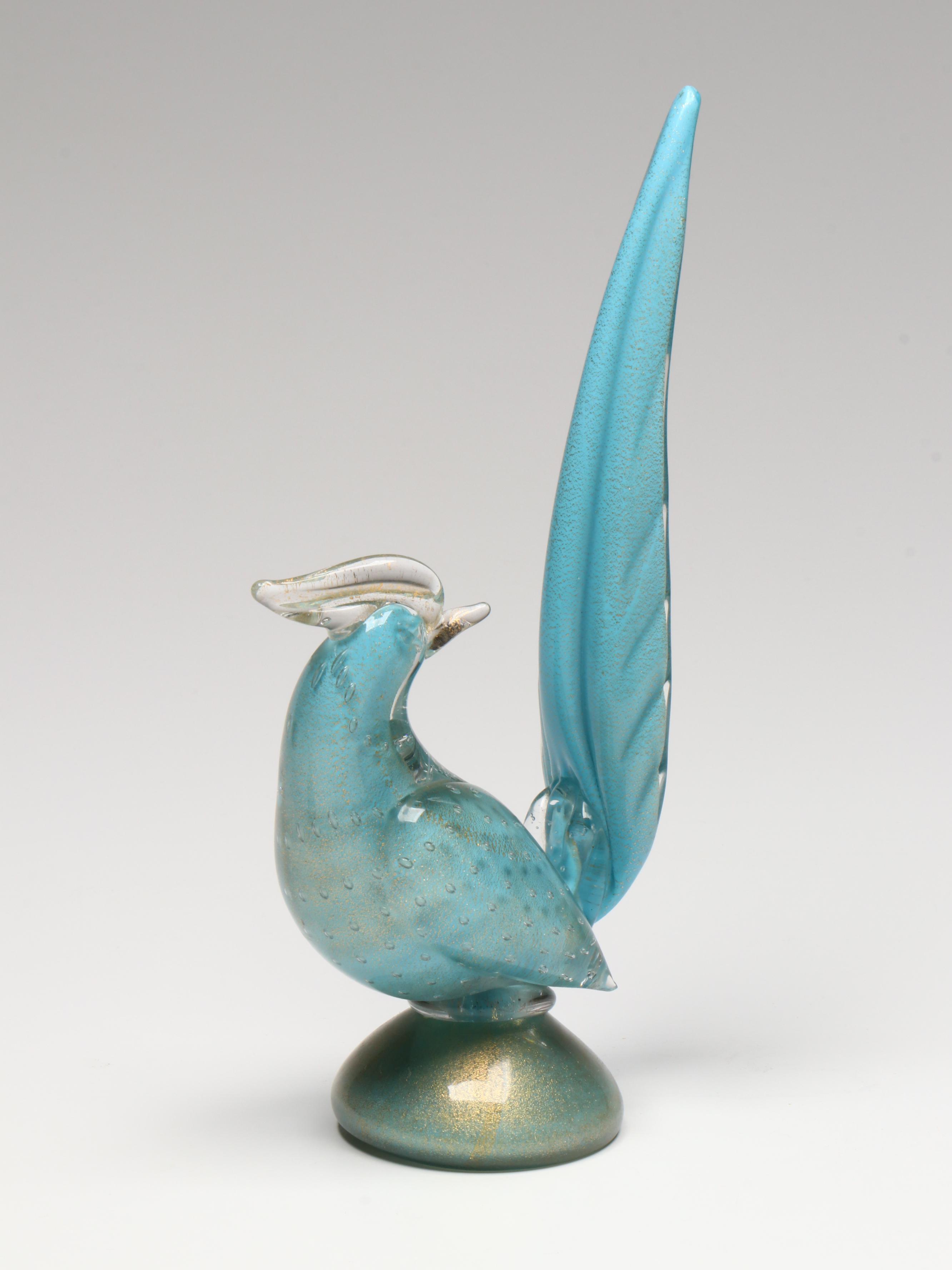 Murano Art Glass with Gold Fleck Pheasant Figurines and Bird Candlestick