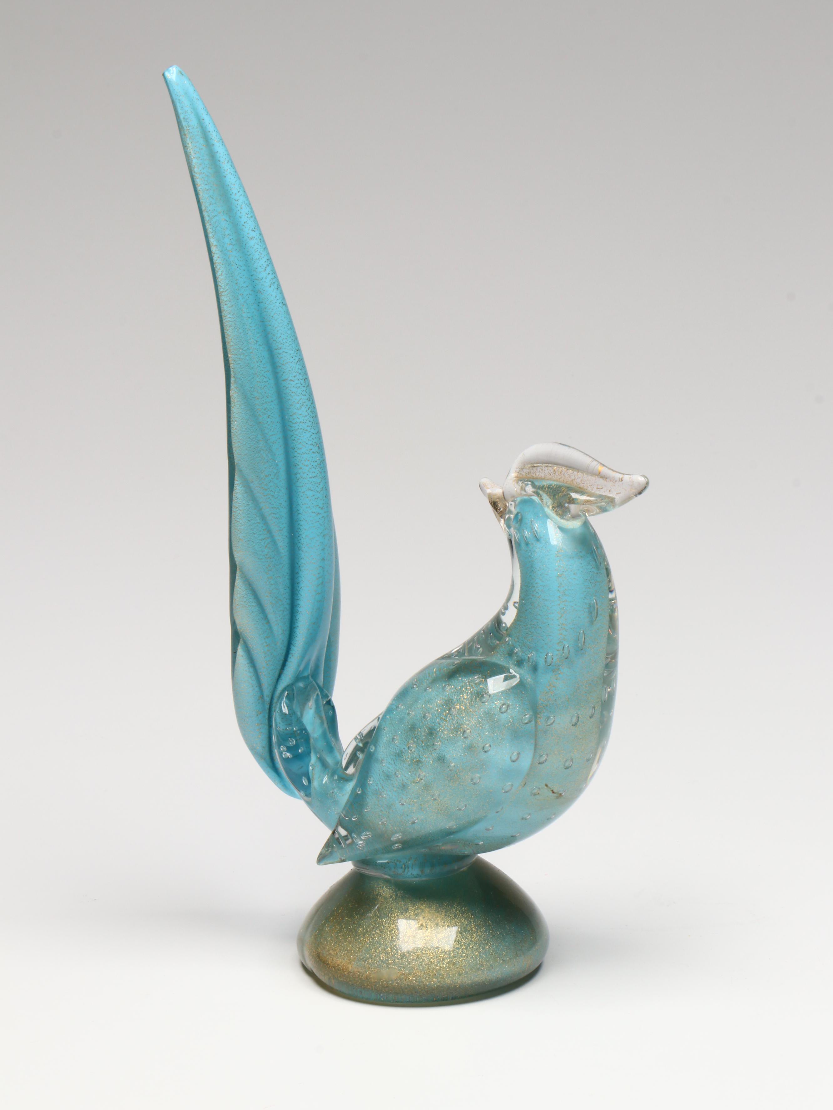 Murano Art Glass with Gold Fleck Pheasant Figurines and Bird Candlestick