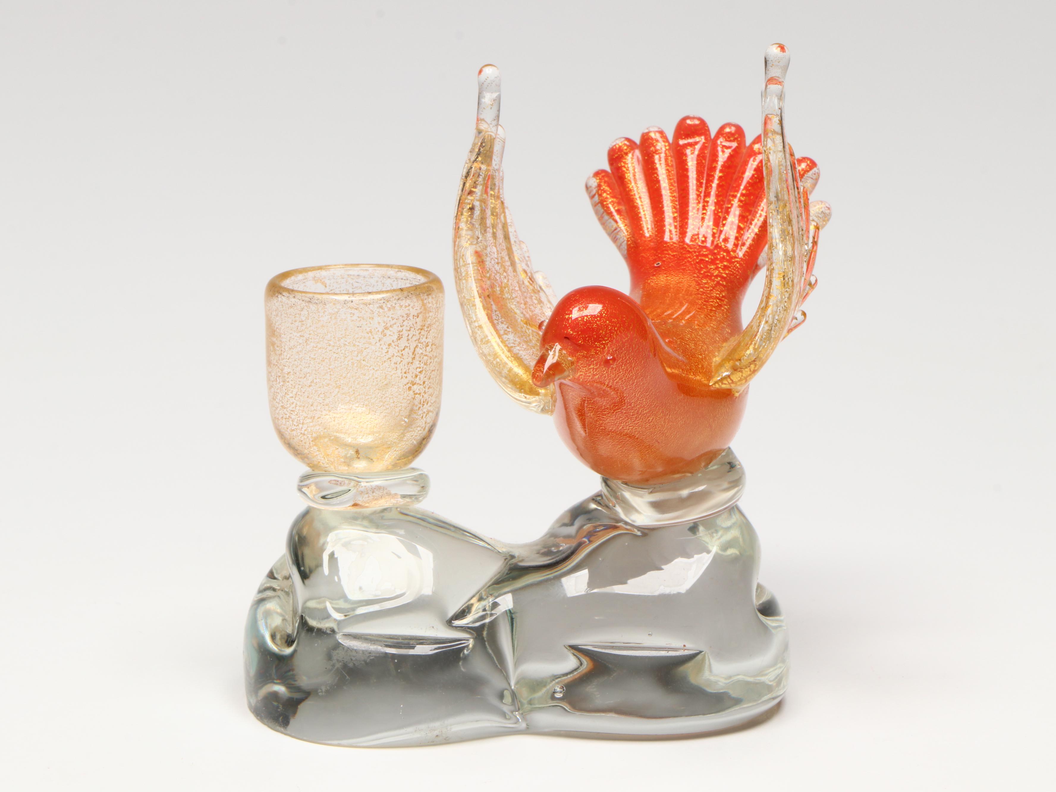 Murano Art Glass with Gold Fleck Pheasant Figurines and Bird Candlestick