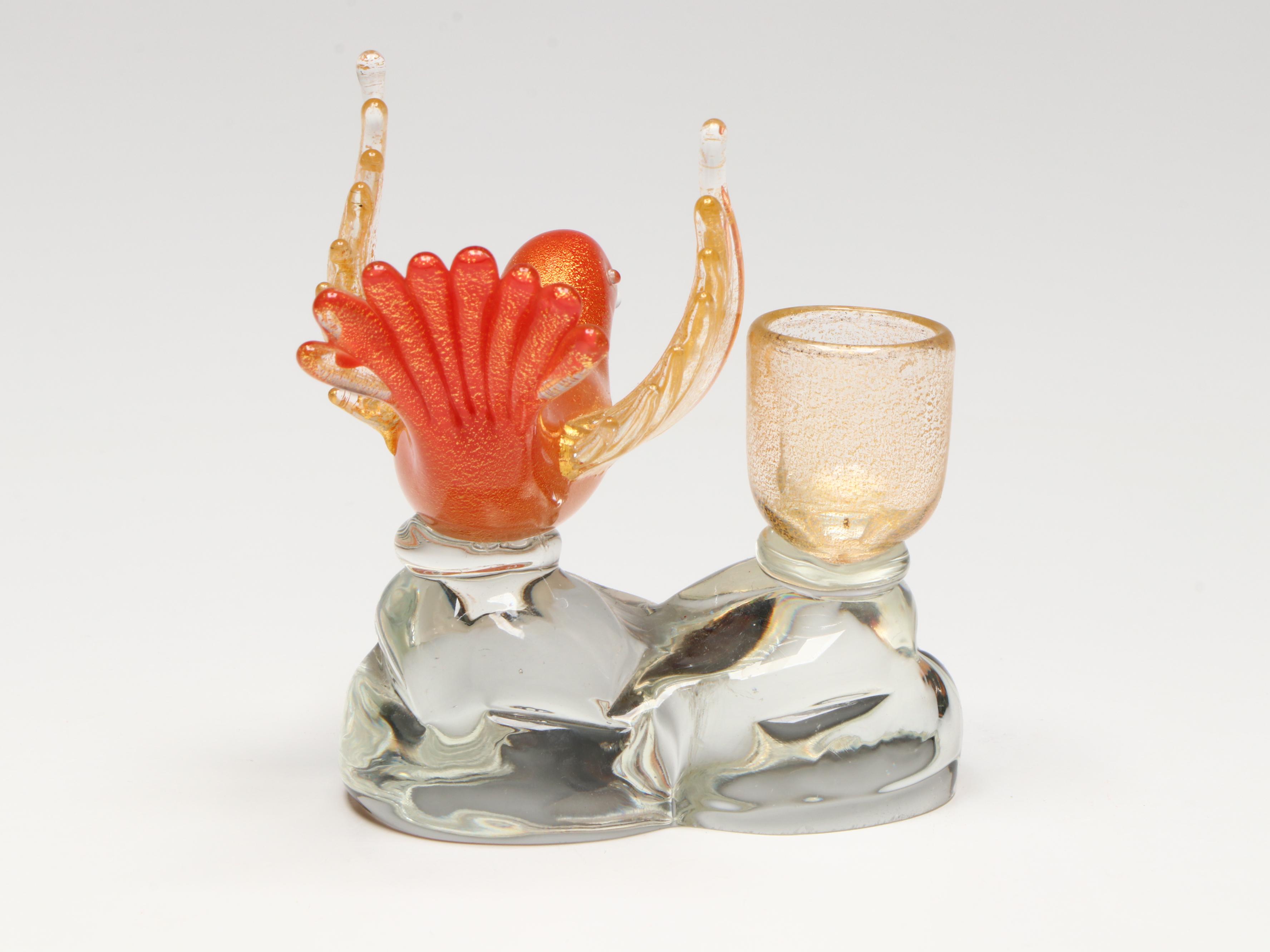 Murano Art Glass with Gold Fleck Pheasant Figurines and Bird Candlestick