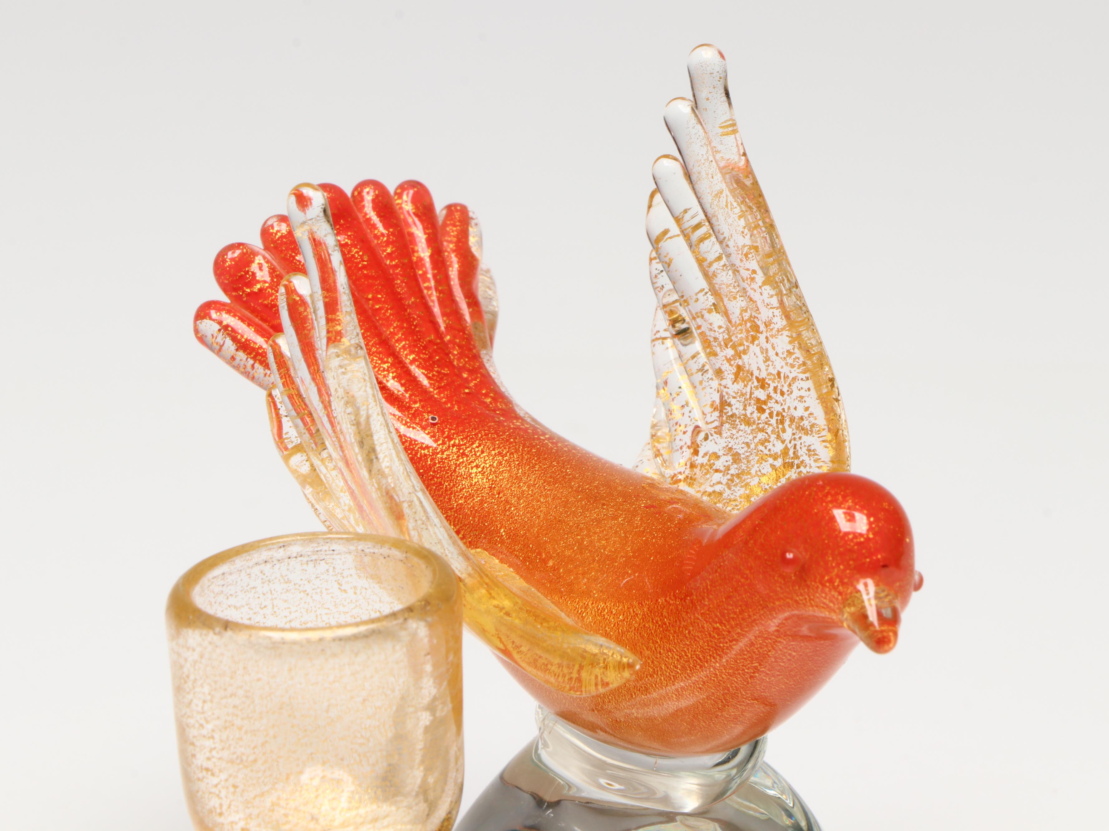 Murano Art Glass with Gold Fleck Pheasant Figurines and Bird Candlestick