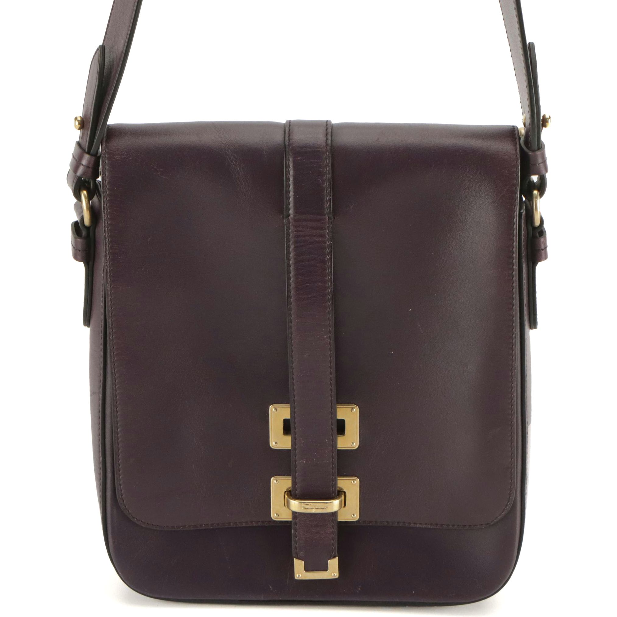 Salvatore Ferragamo Full Flap Crossbody Messenger Bag in Dark Purple Leather