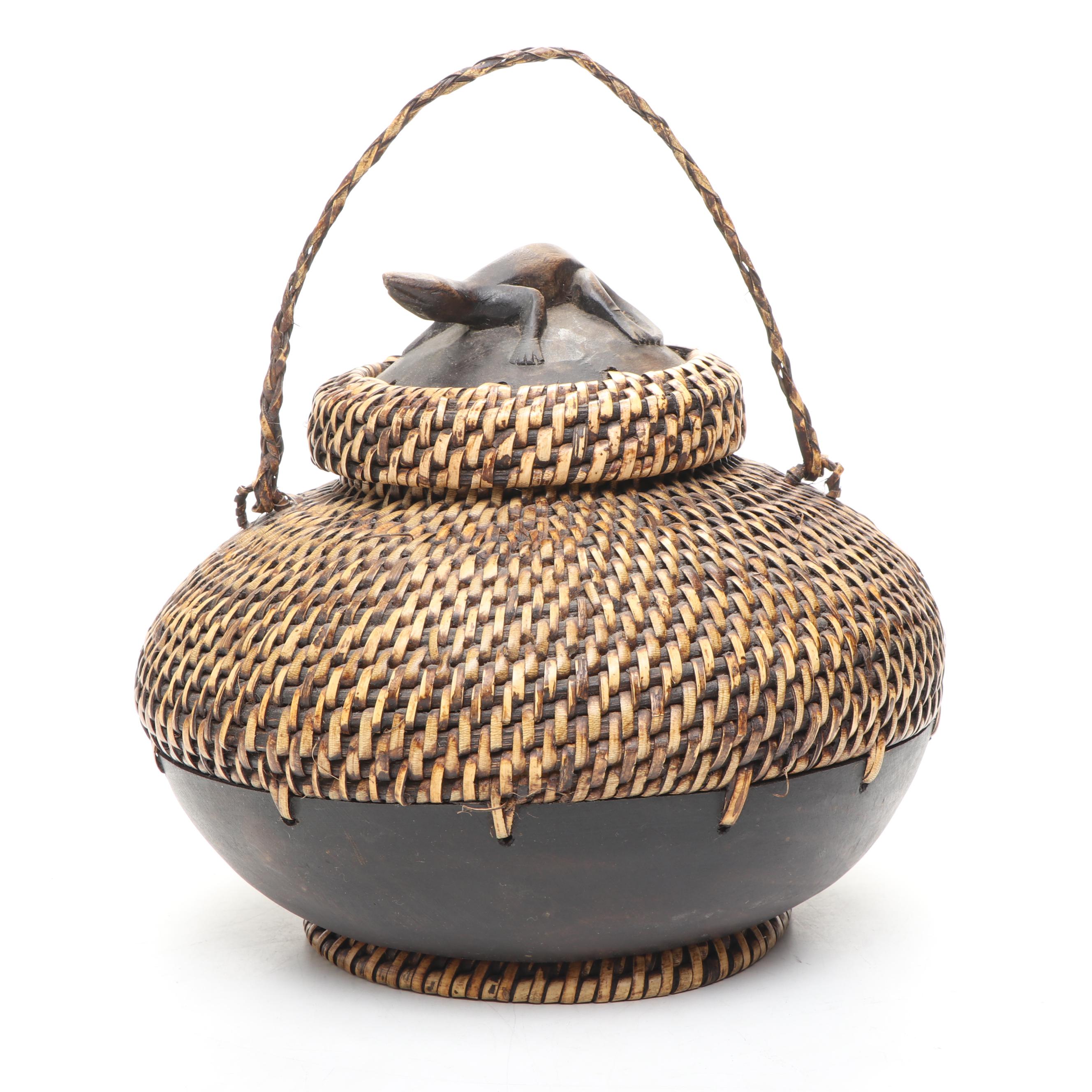 Indonesian Lombok Style Baskets with Carved Wood Four Compartment Box