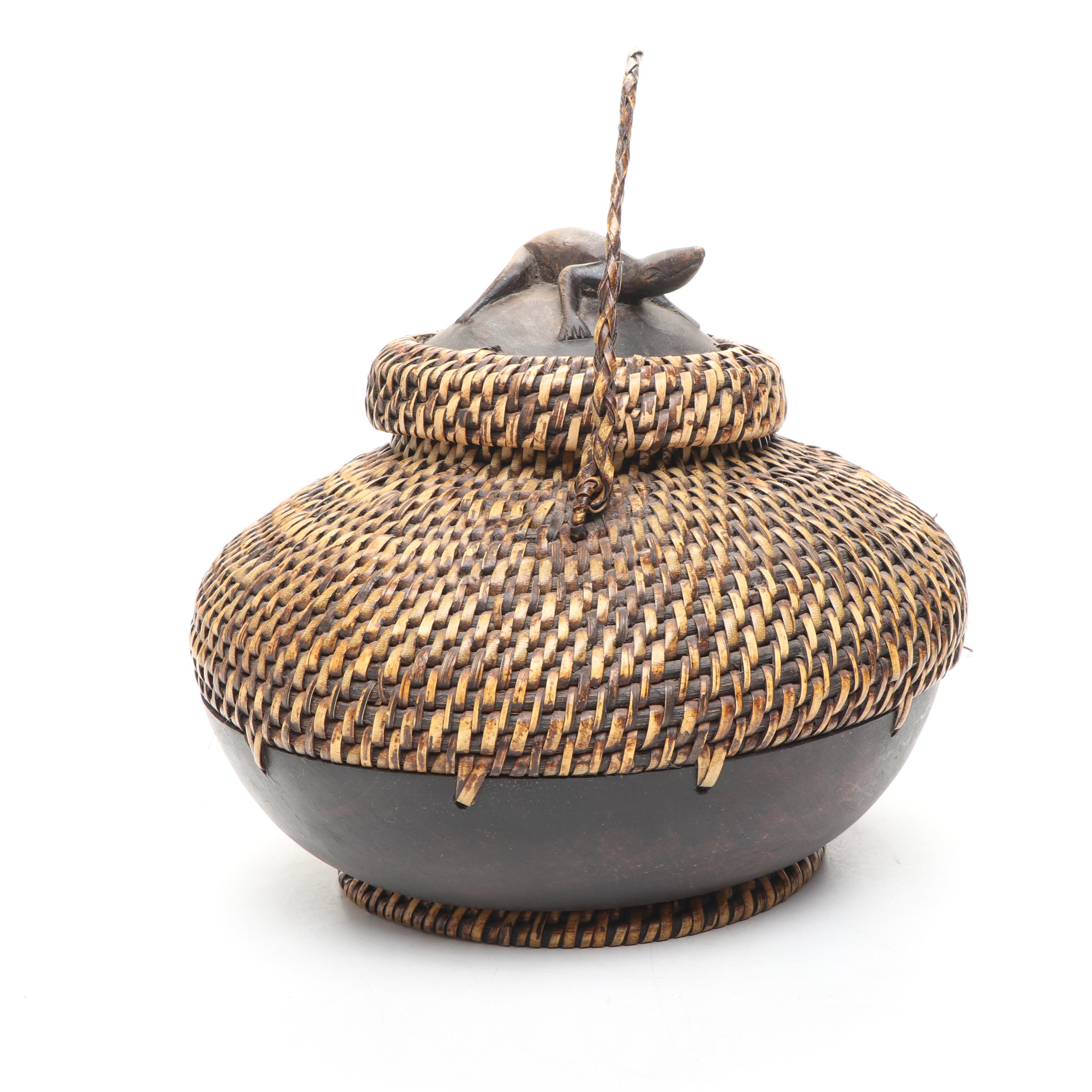 Indonesian Lombok Style Baskets with Carved Wood Four Compartment Box