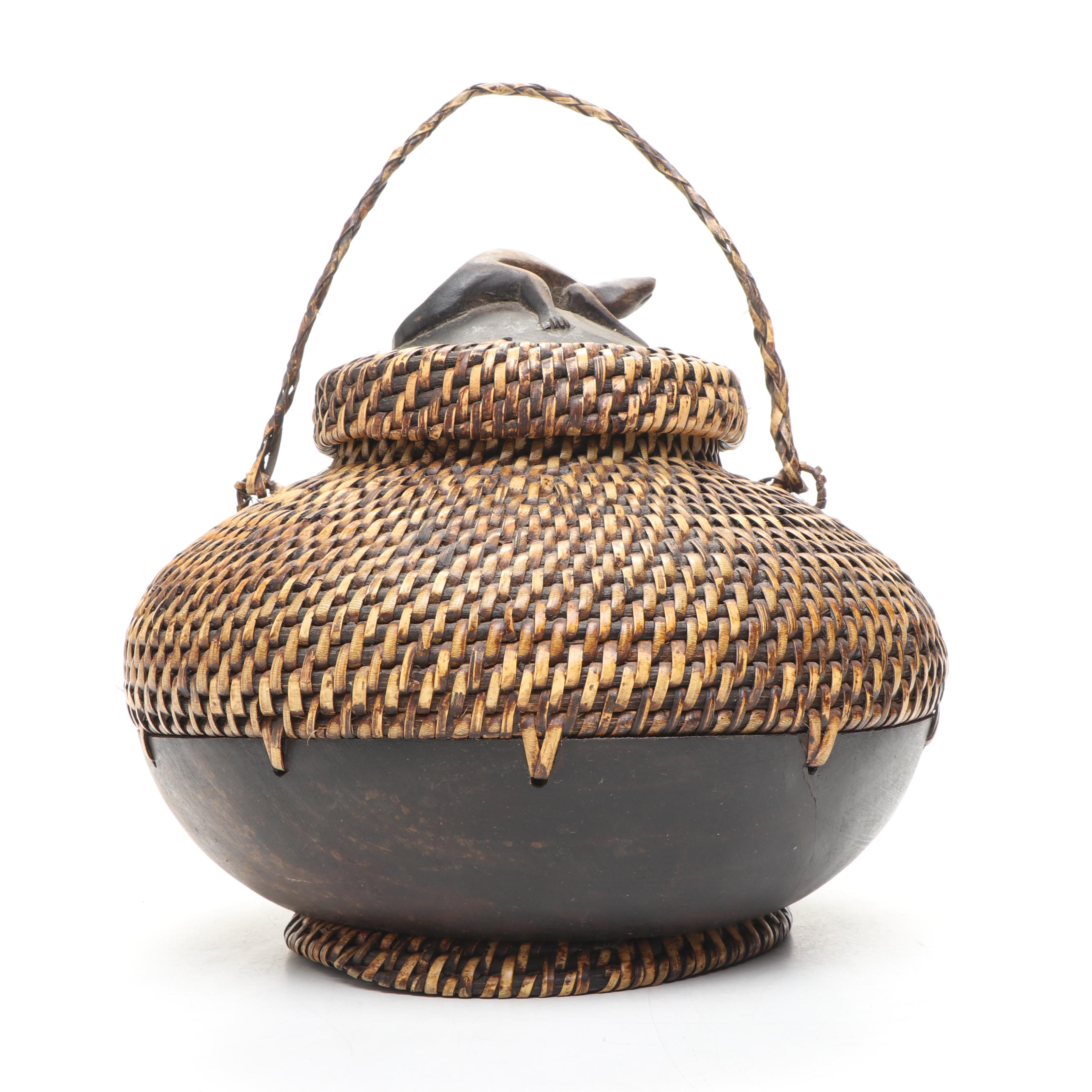 Indonesian Lombok Style Baskets with Carved Wood Four Compartment Box