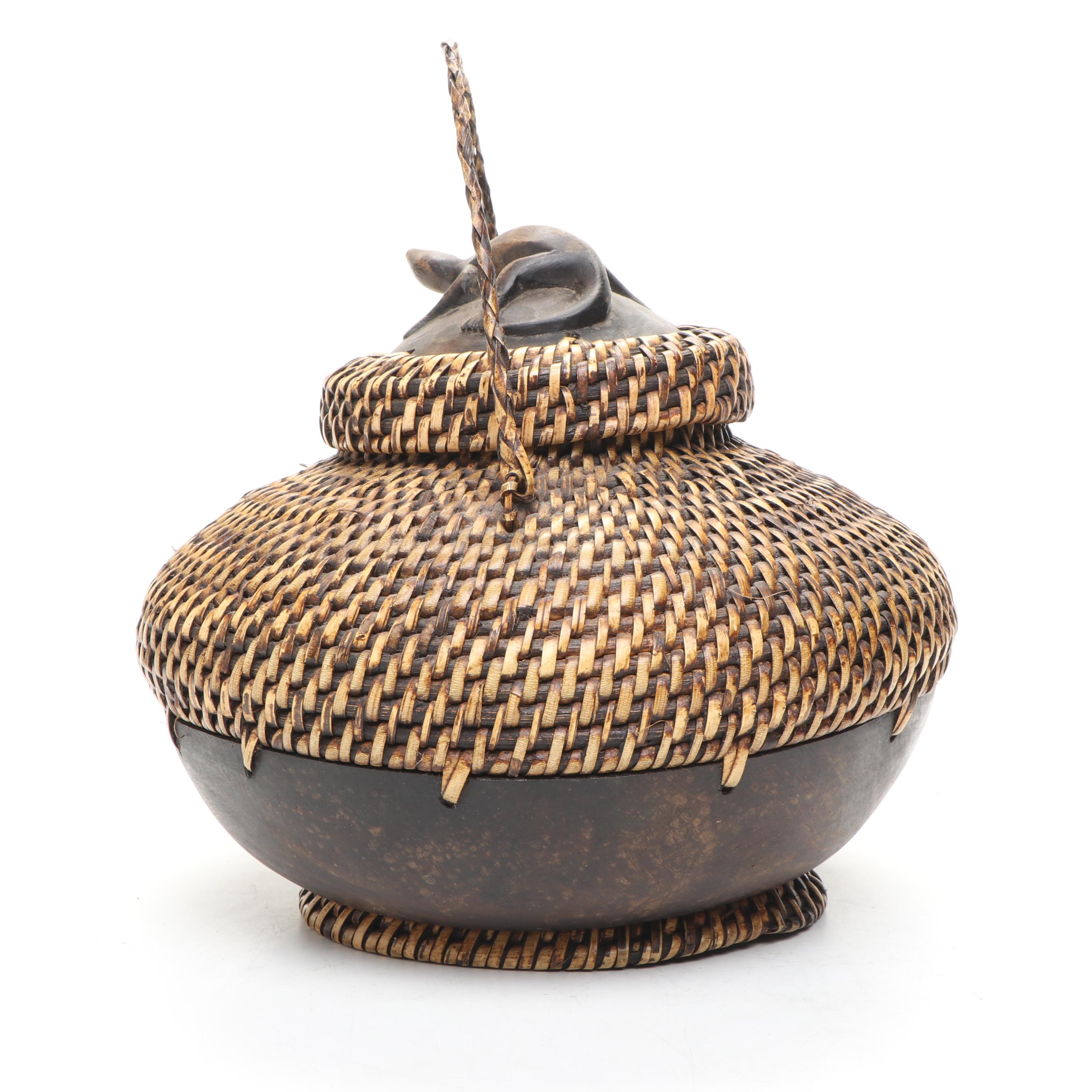 Indonesian Lombok Style Baskets with Carved Wood Four Compartment Box