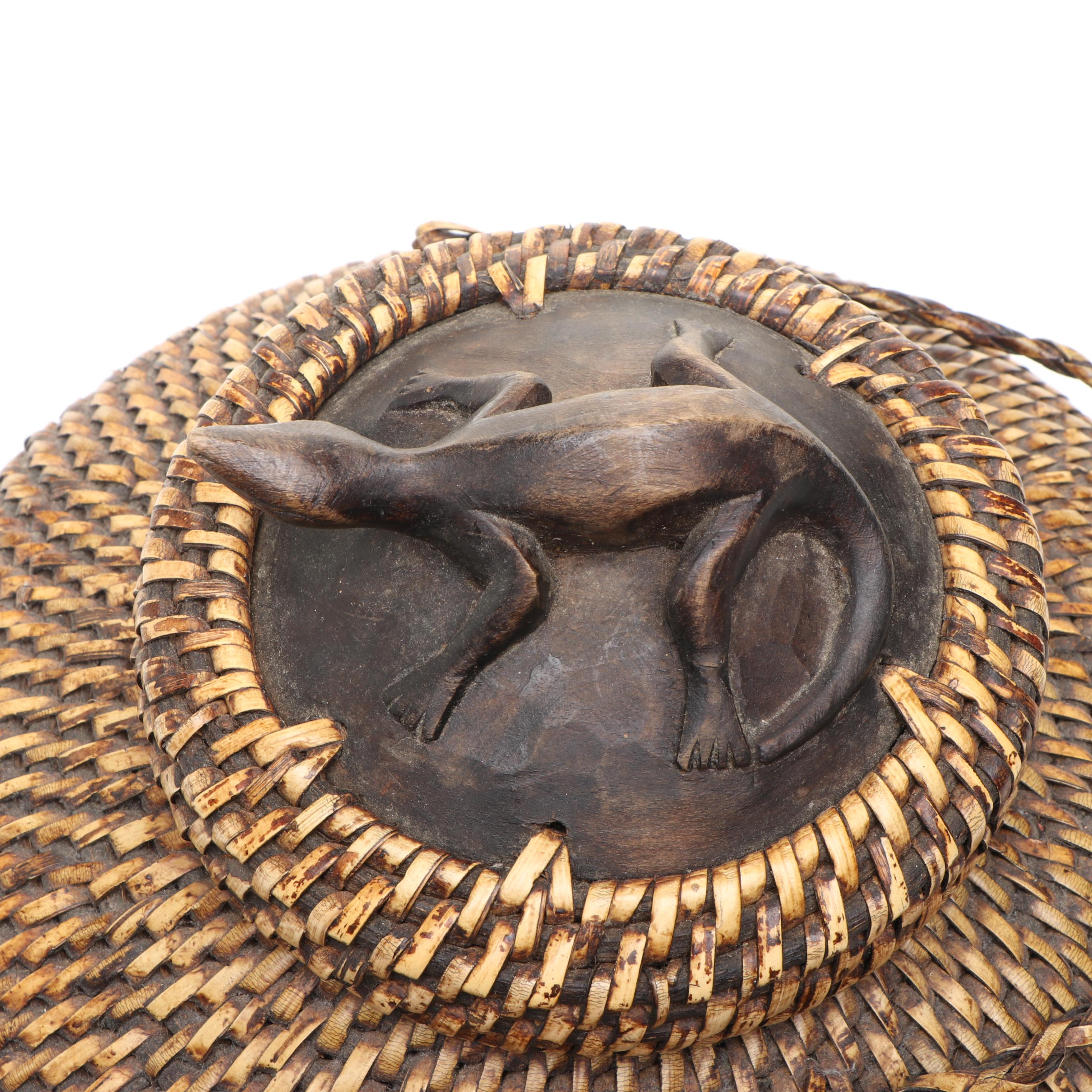 Indonesian Lombok Style Baskets with Carved Wood Four Compartment Box