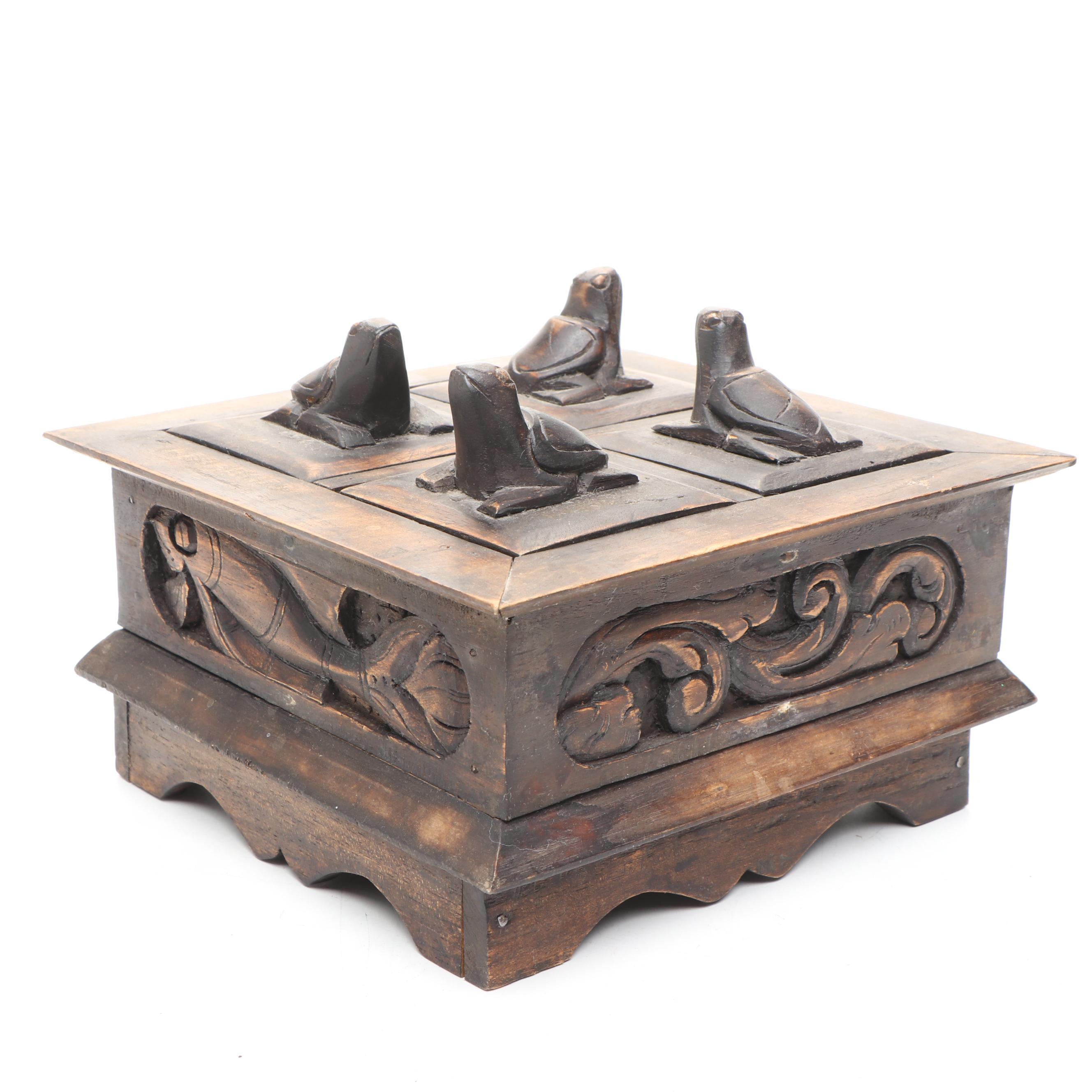 Indonesian Lombok Style Baskets with Carved Wood Four Compartment Box