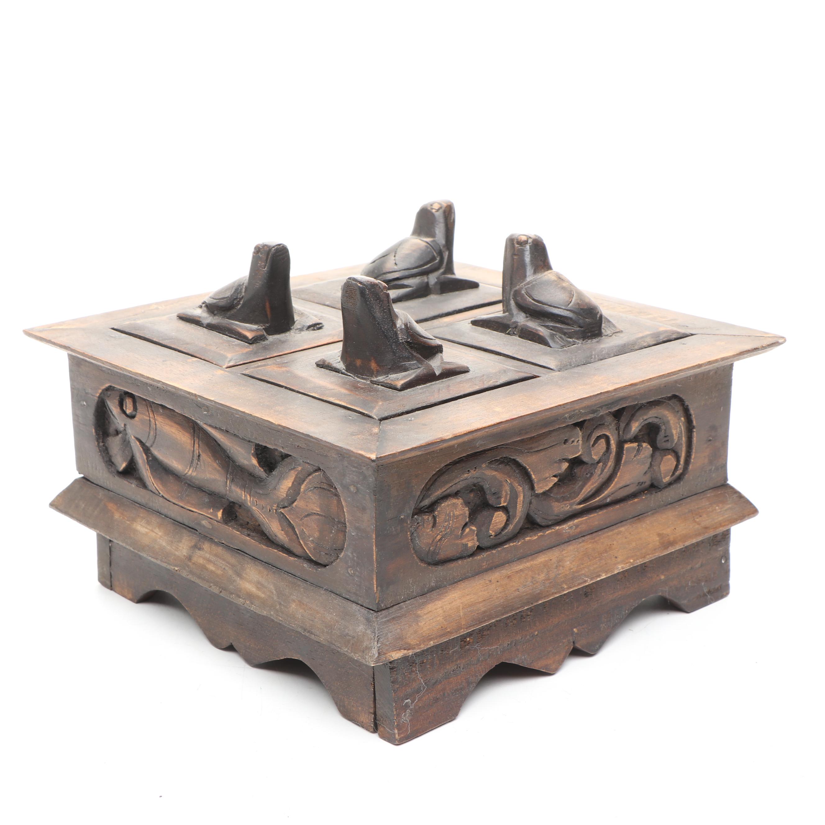 Indonesian Lombok Style Baskets with Carved Wood Four Compartment Box