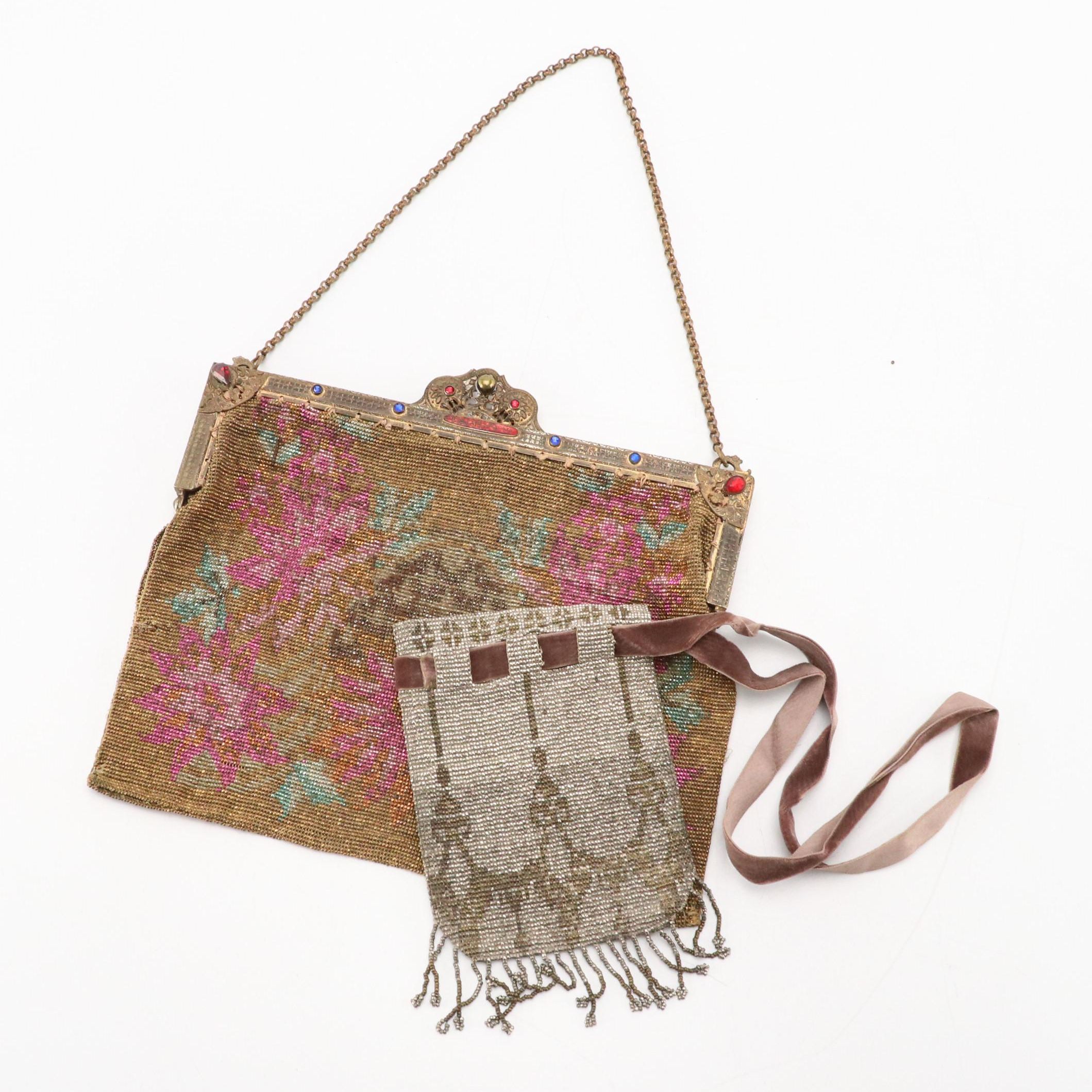 Drawstring Pouch and Frame Bag in Plated Steel Cut Beads