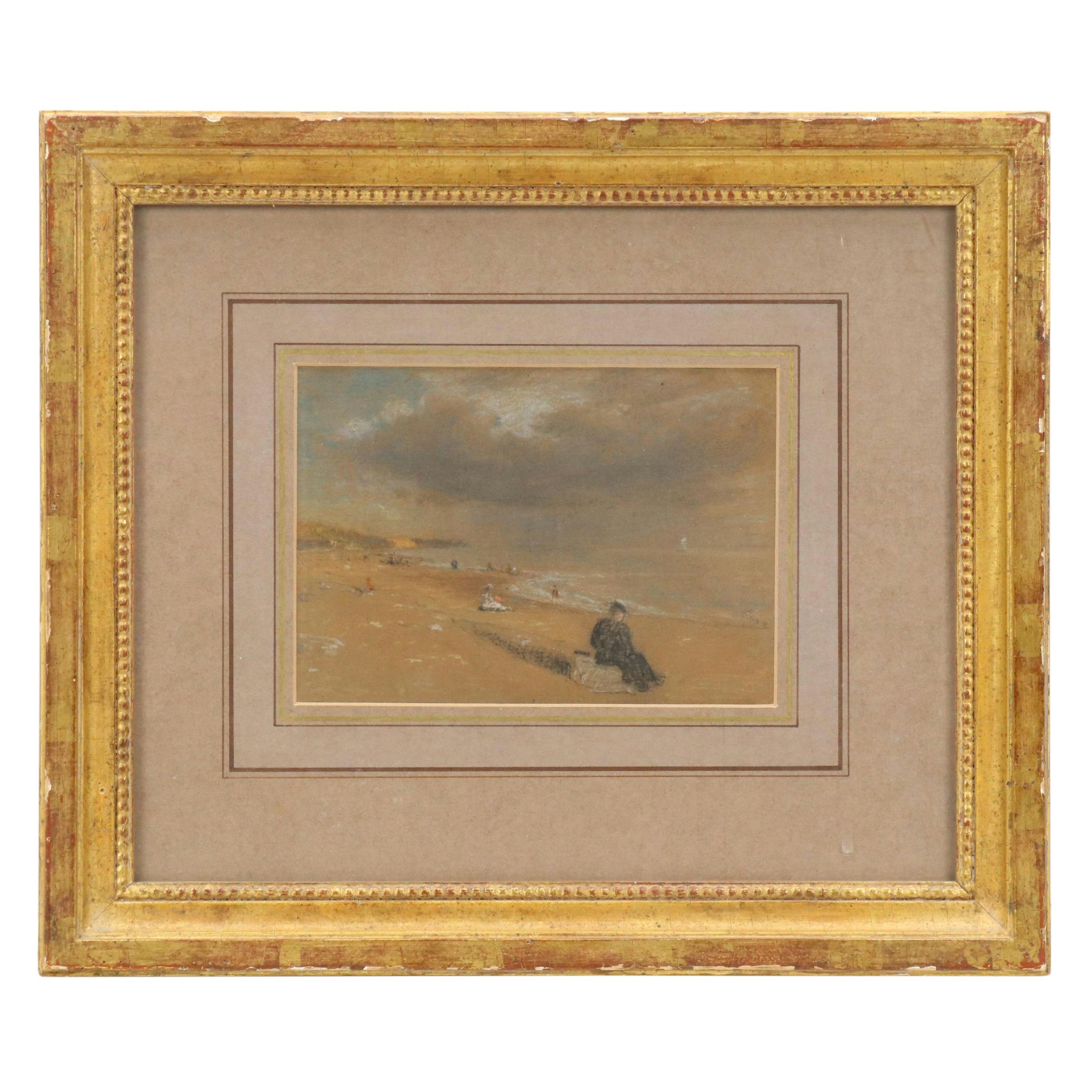 Attr. to Tom Robert Way Beach Scene Pastel Drawing, Early 20th Century