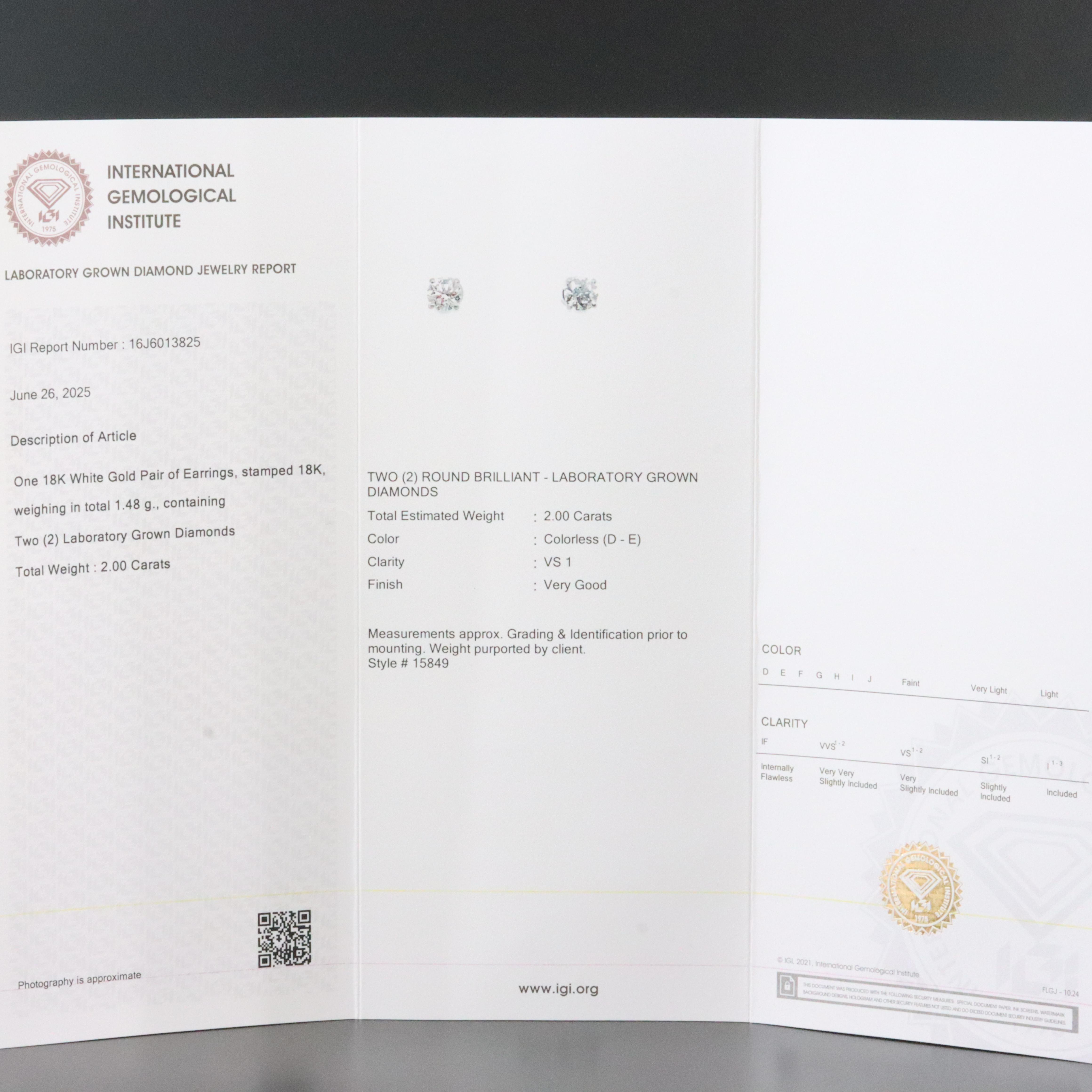 18K 2.00 CTW Lab Grown Diamond Stud Earrings with IGI Report