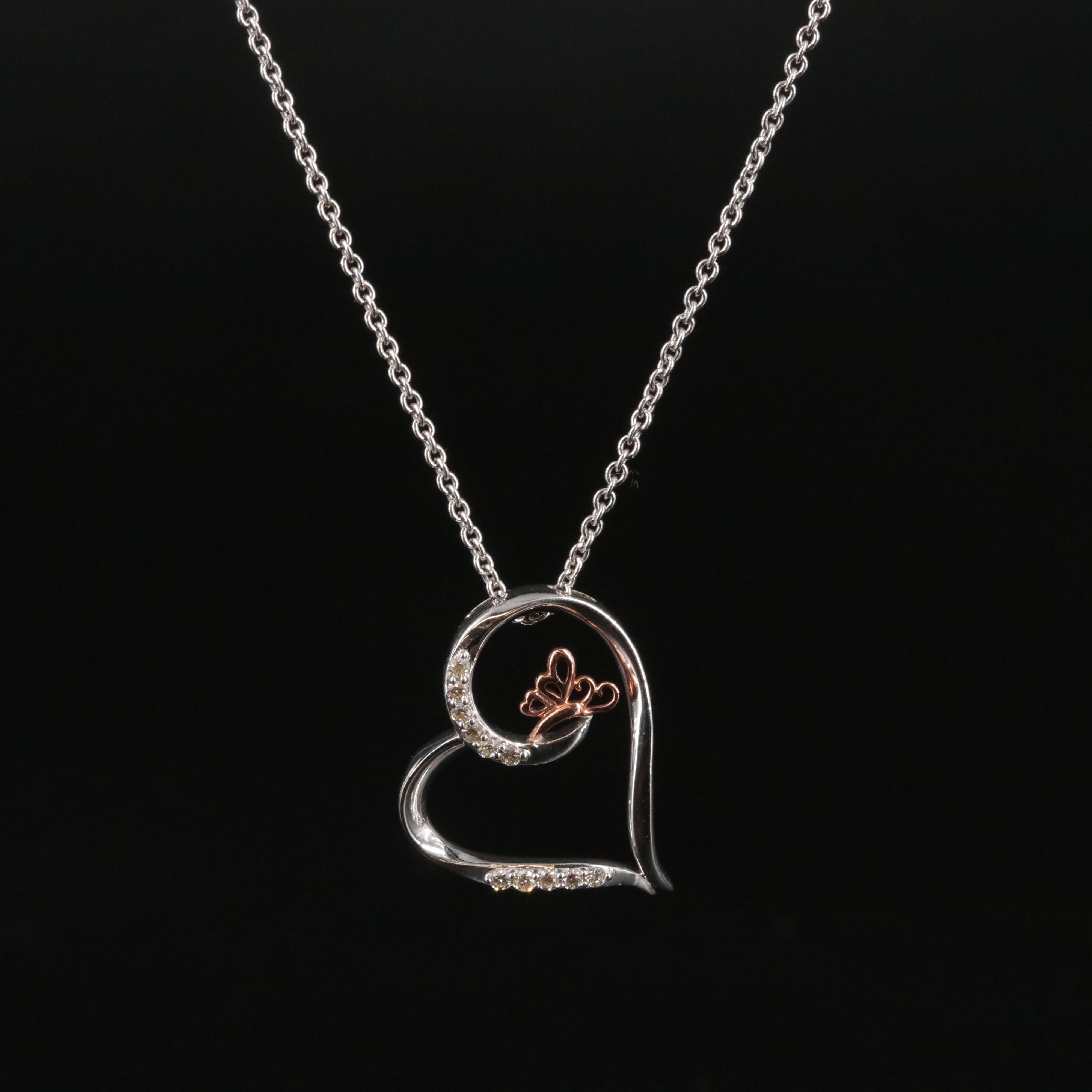 Sterling Diamond Heart Necklace with 10K Rose Gold Accent