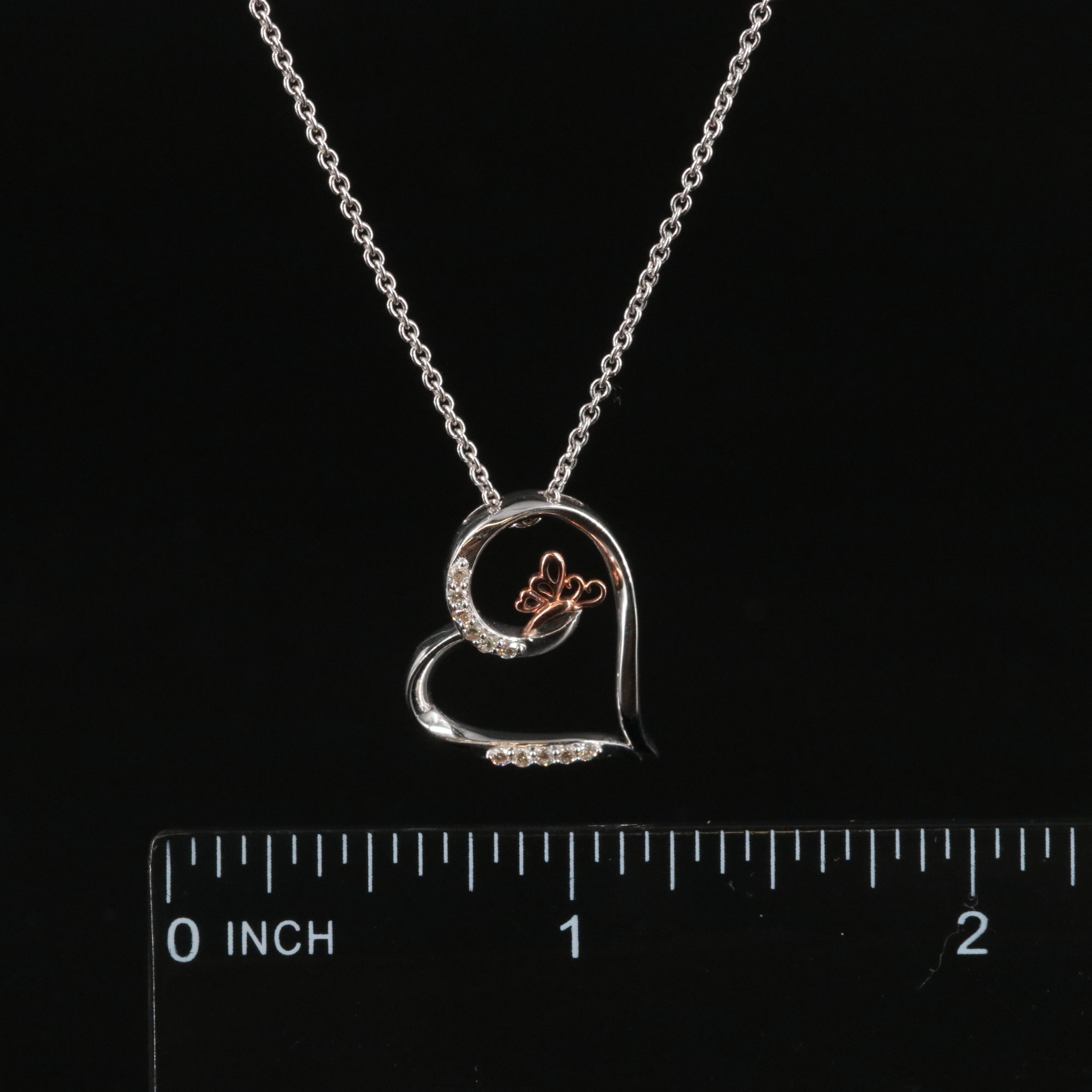 Sterling Diamond Heart Necklace with 10K Rose Gold Accent