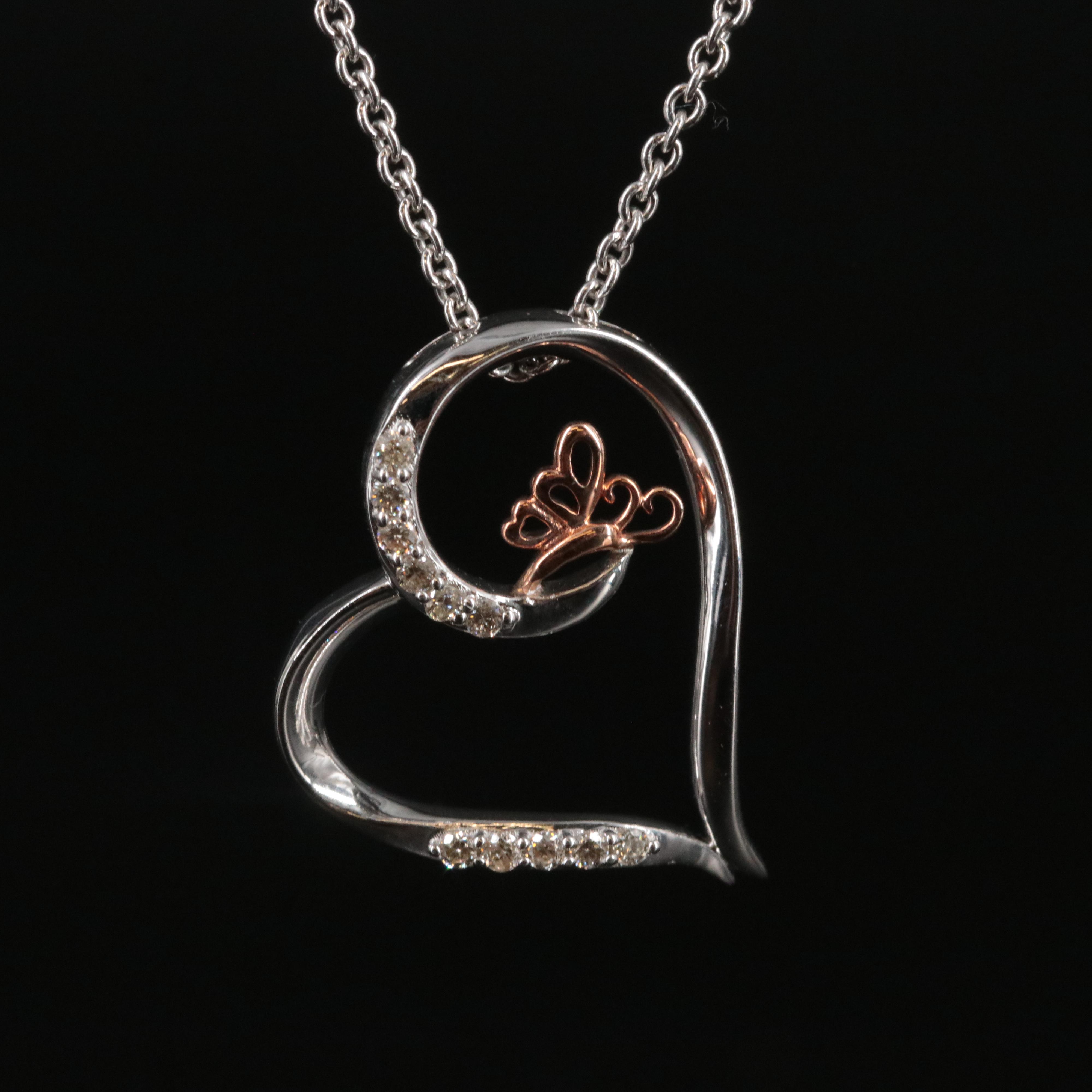 Sterling Diamond Heart Necklace with 10K Rose Gold Accent