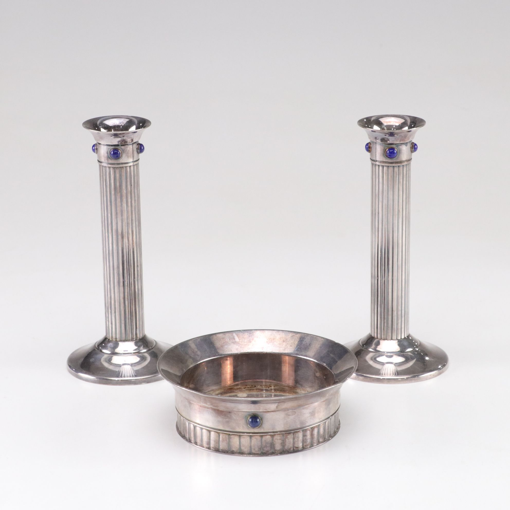 Cartier Silver Plate & Lapis Lazuli Candle Holders & Dish