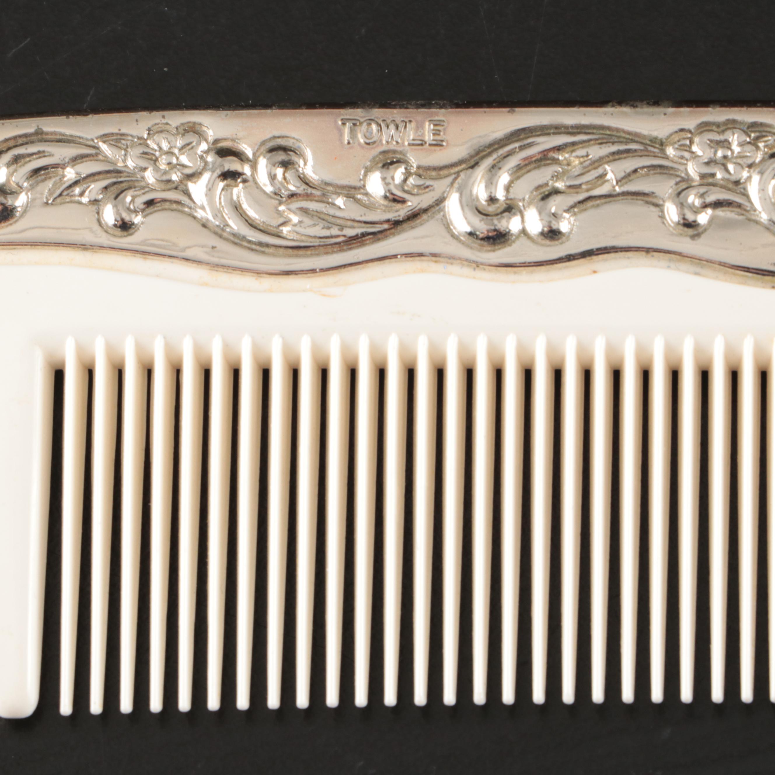 Towle Silver Plate Vanity Set with Linder Alarm Clock and Farms Glass Oil Lamps