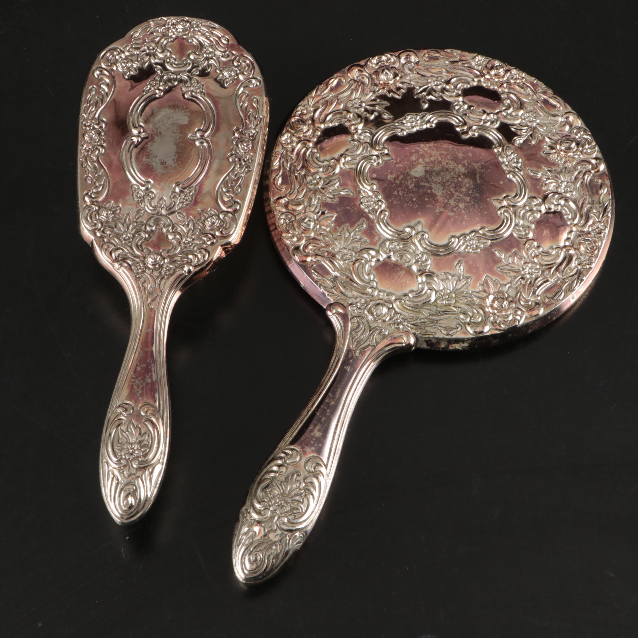 Towle Silver Plate Vanity Set with Linder Alarm Clock and Farms Glass Oil Lamps