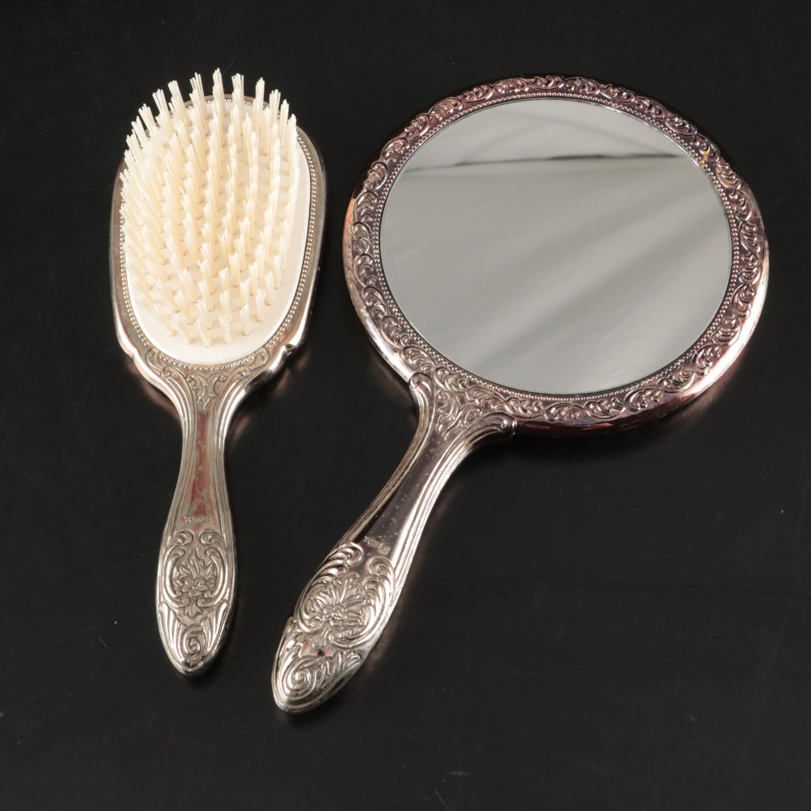 Towle Silver Plate Vanity Set with Linder Alarm Clock and Farms Glass Oil Lamps