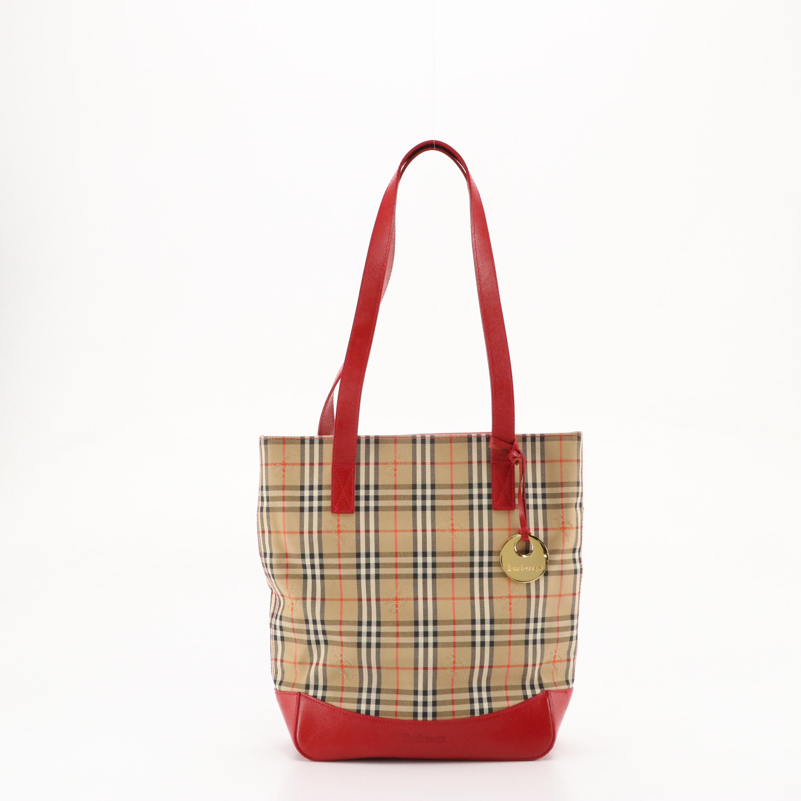 Burberrys Shoulder Tote in Haymarket Check Canvas and Red Saffiano Leather Trim