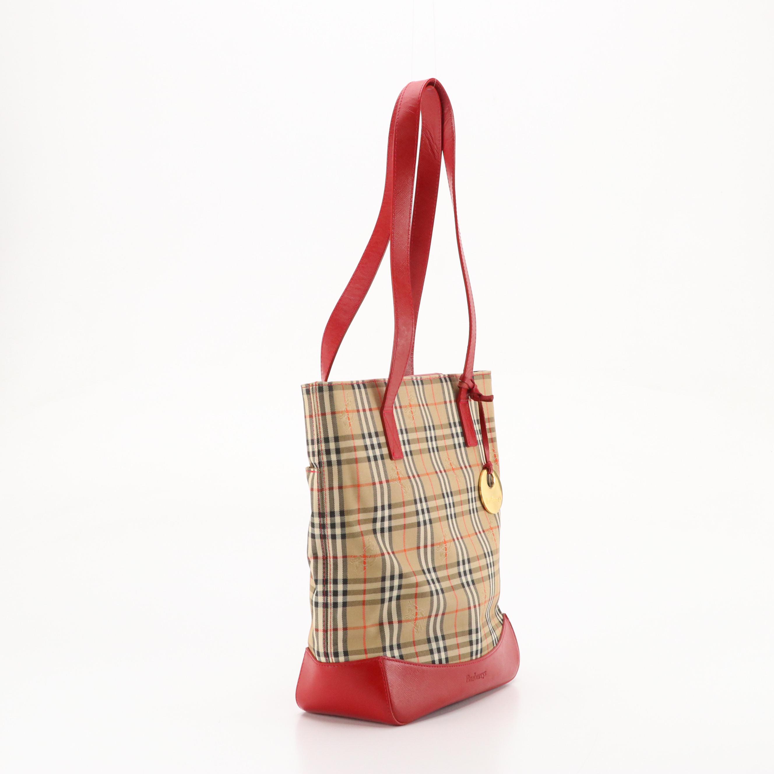 Burberrys Shoulder Tote in Haymarket Check Canvas and Red Saffiano Leather Trim