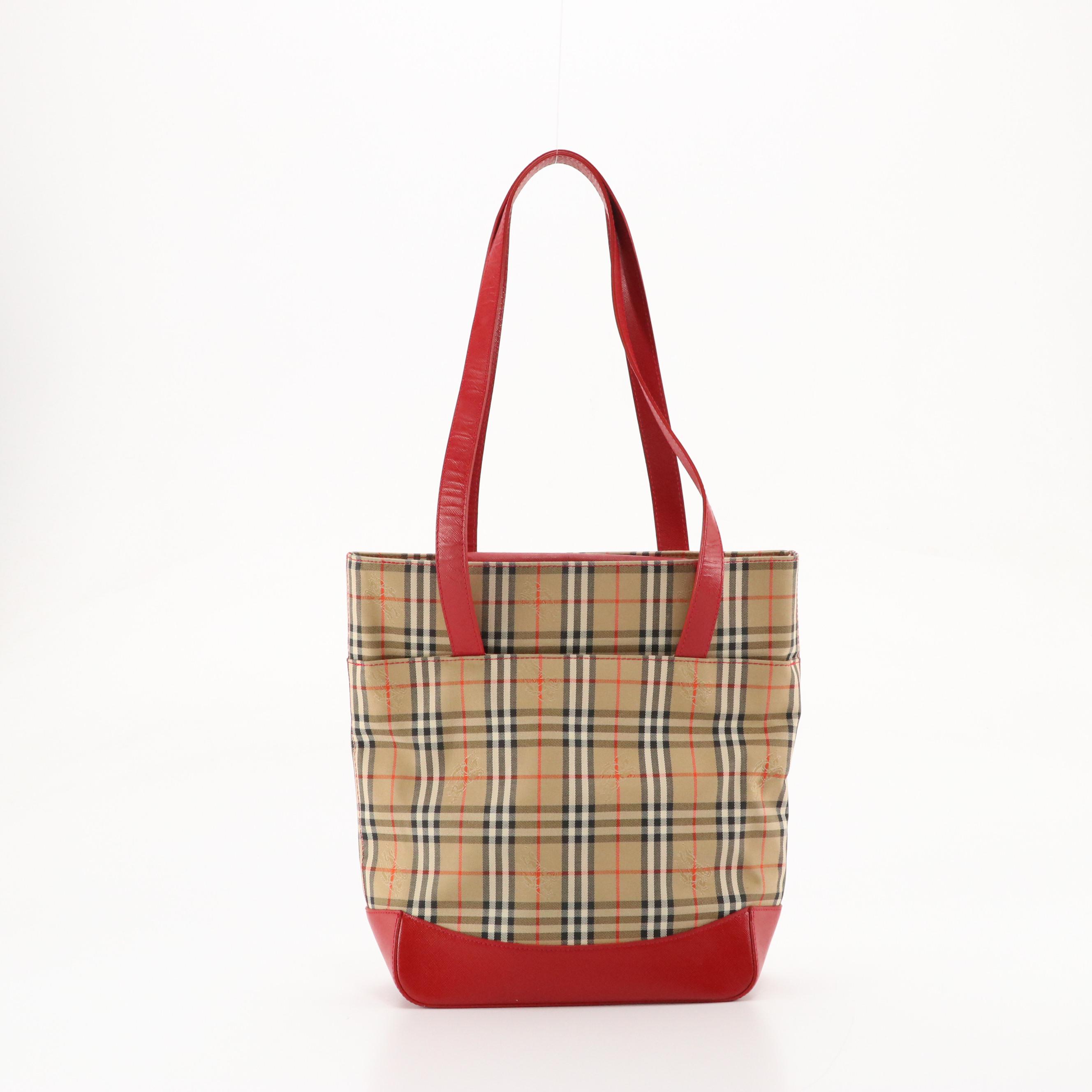 Burberrys Shoulder Tote in Haymarket Check Canvas and Red Saffiano Leather Trim