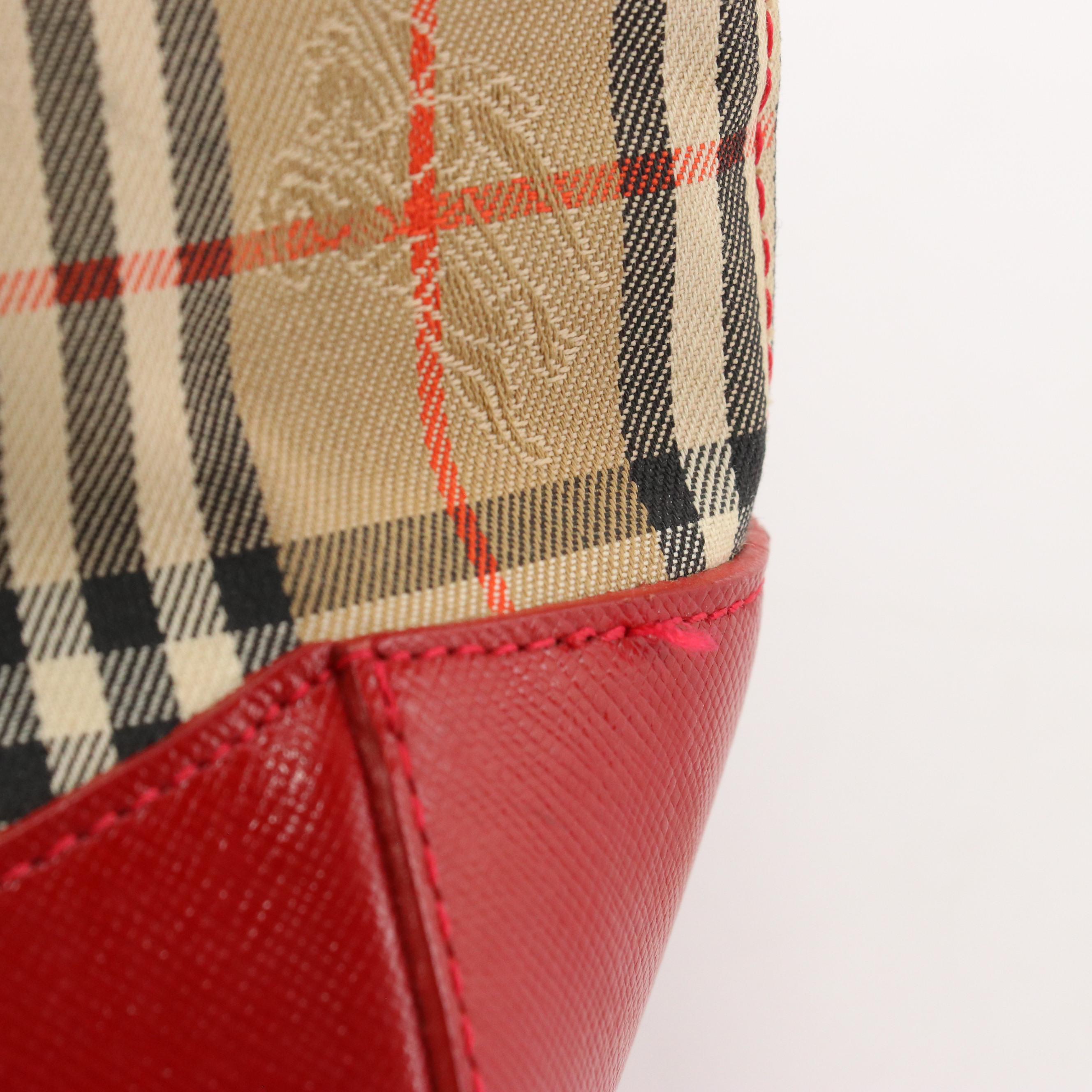 Burberrys Shoulder Tote in Haymarket Check Canvas and Red Saffiano Leather Trim