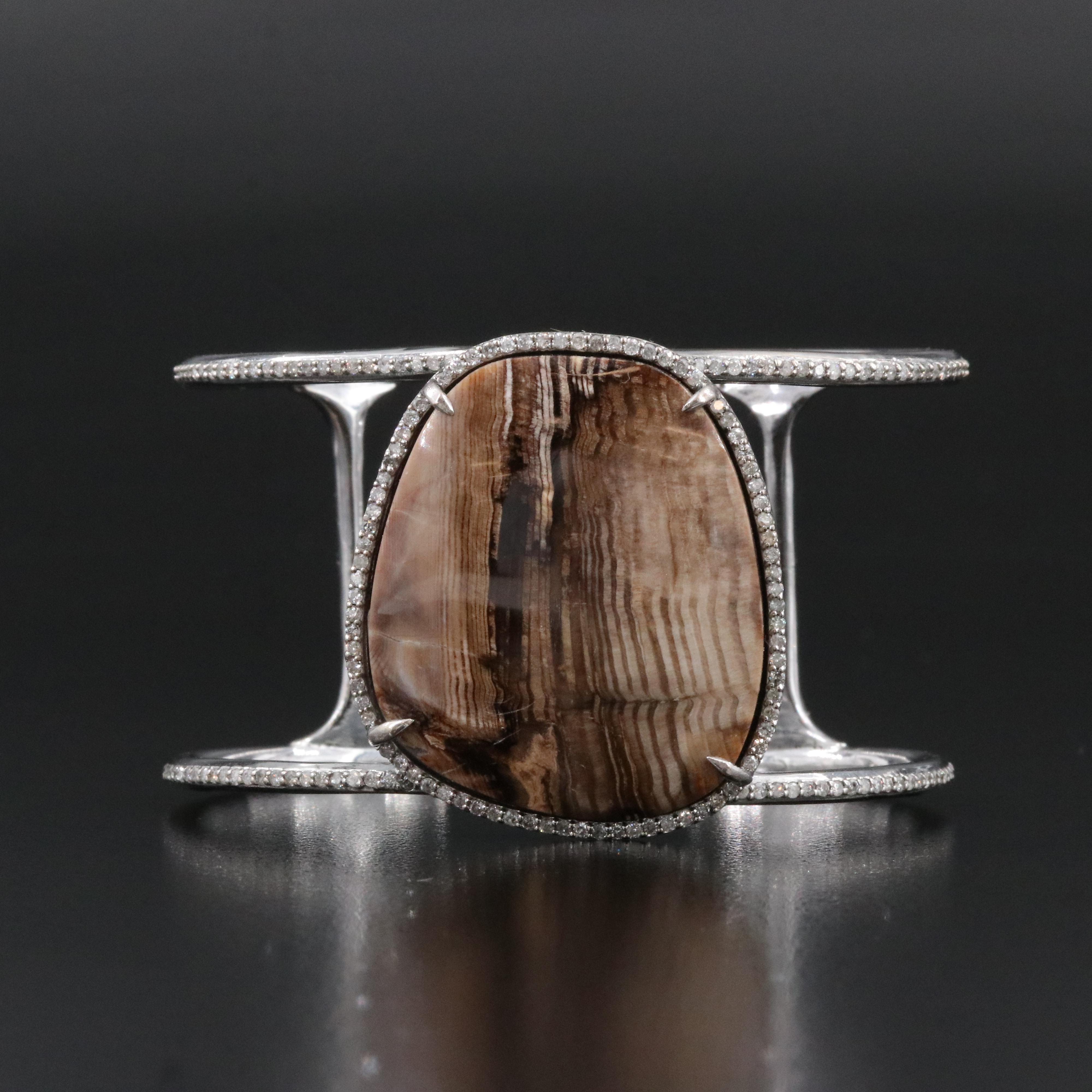 Sheryl Lowe Sterling Opalite Wood and Diamond Cuff Bracelet