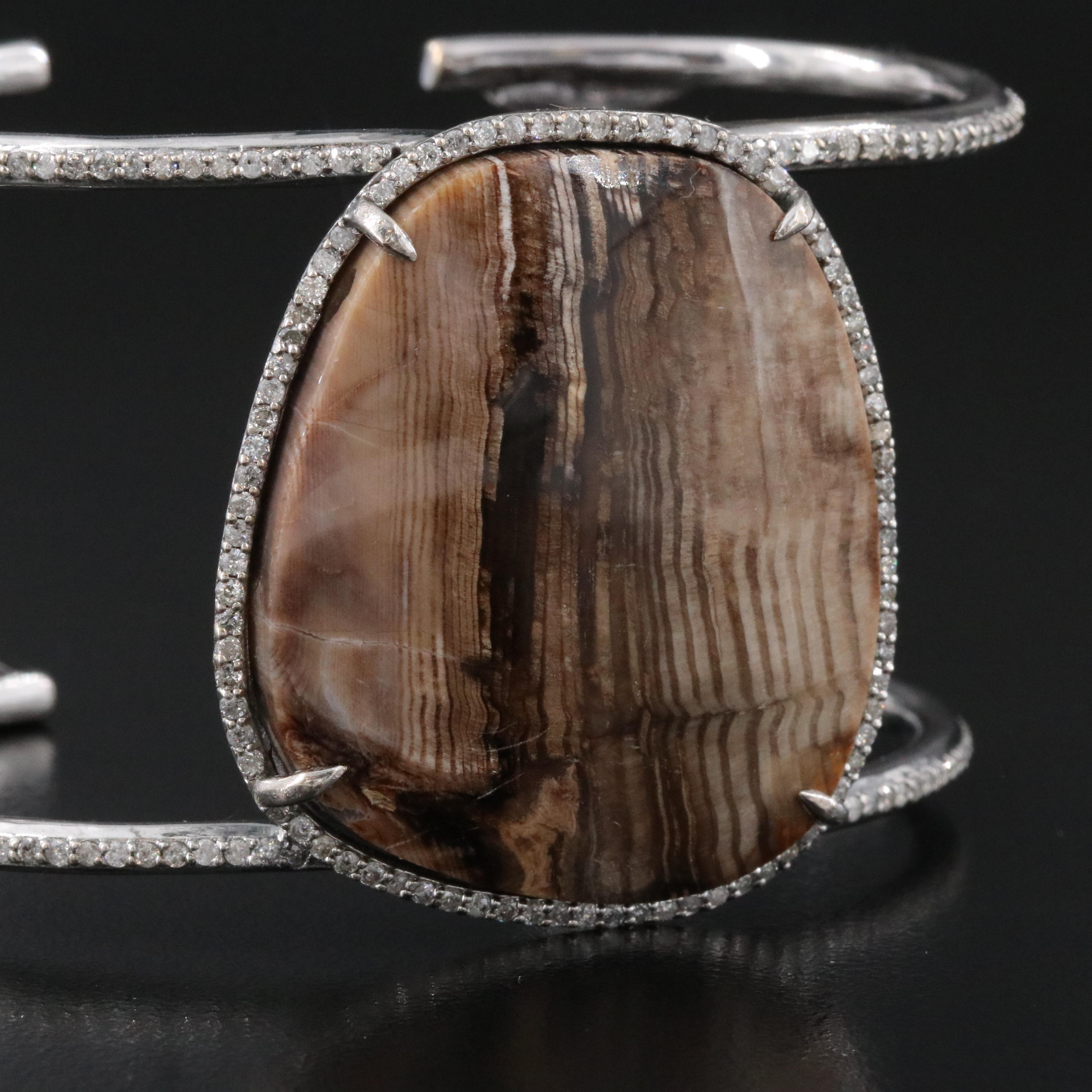 Sheryl Lowe Sterling Opalite Wood and Diamond Cuff Bracelet