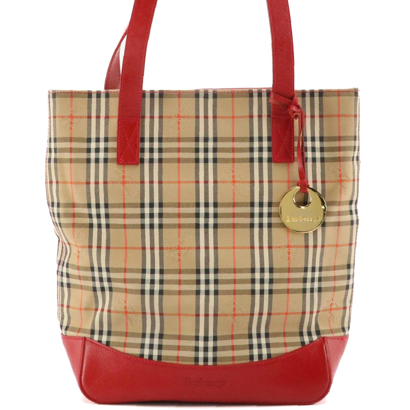 Burberrys Shoulder Tote in Haymarket Check Canvas and Red Saffiano Leather Trim