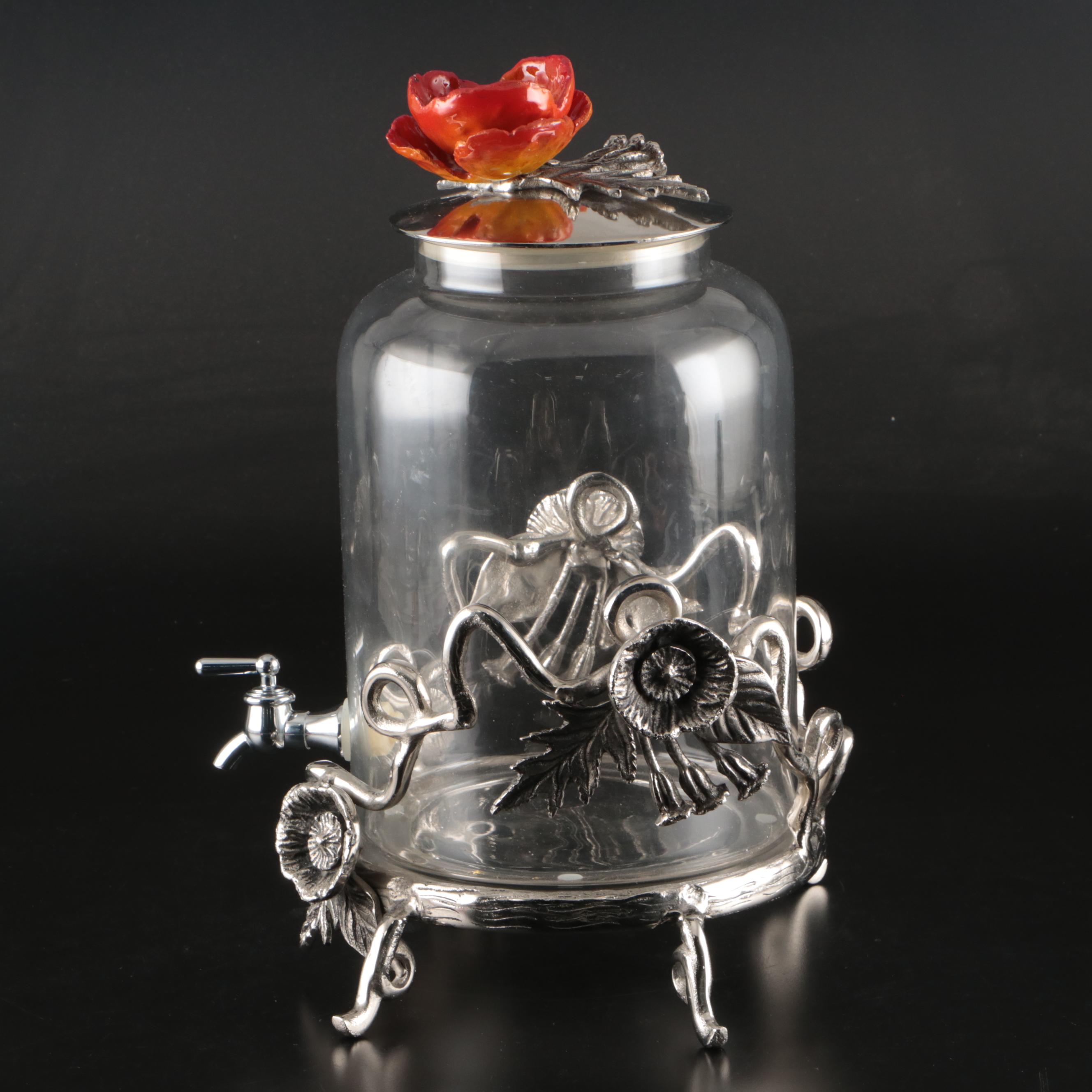 Glass Drinks Dispenser with Sculpted Metal Floral Base and Lid