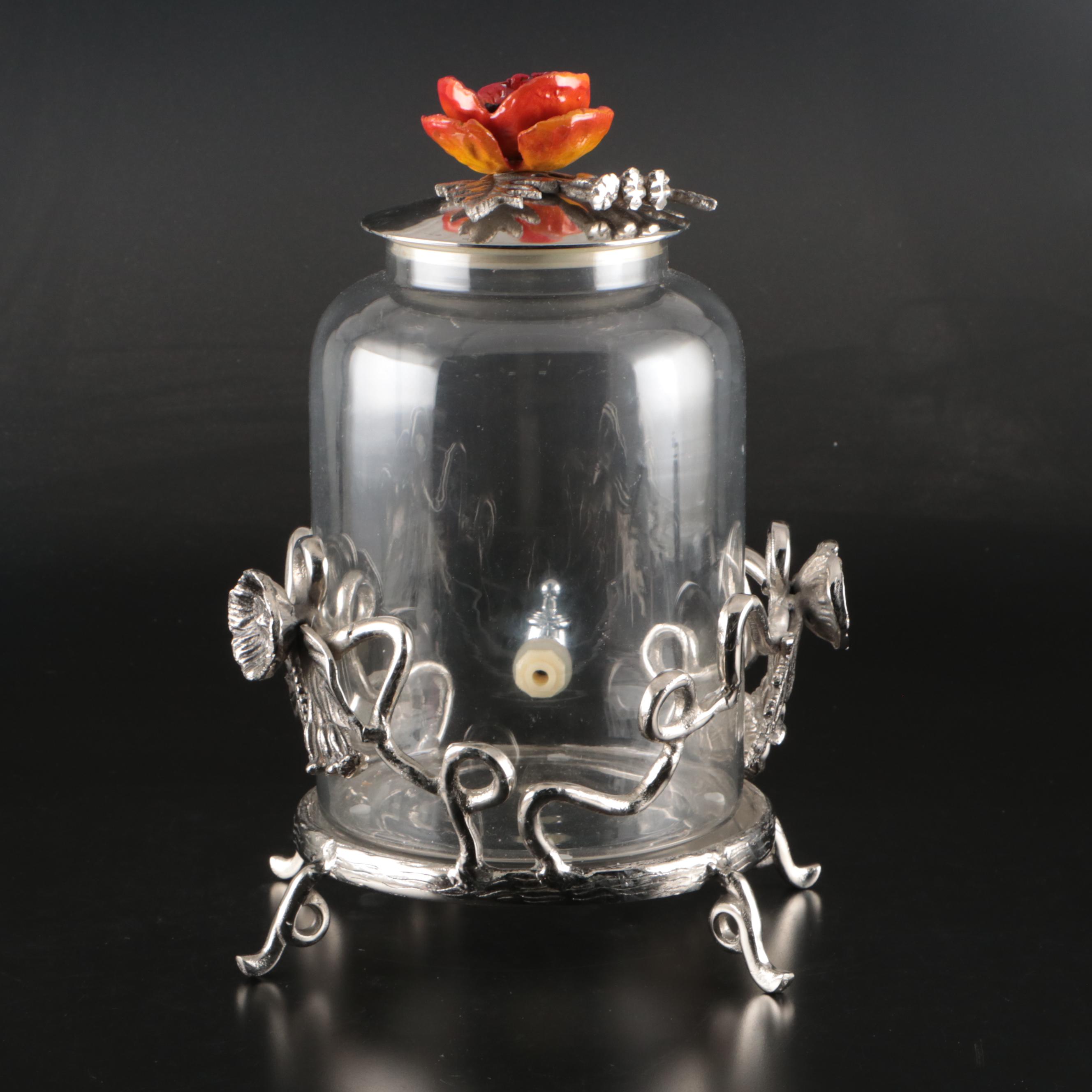 Glass Drinks Dispenser with Sculpted Metal Floral Base and Lid