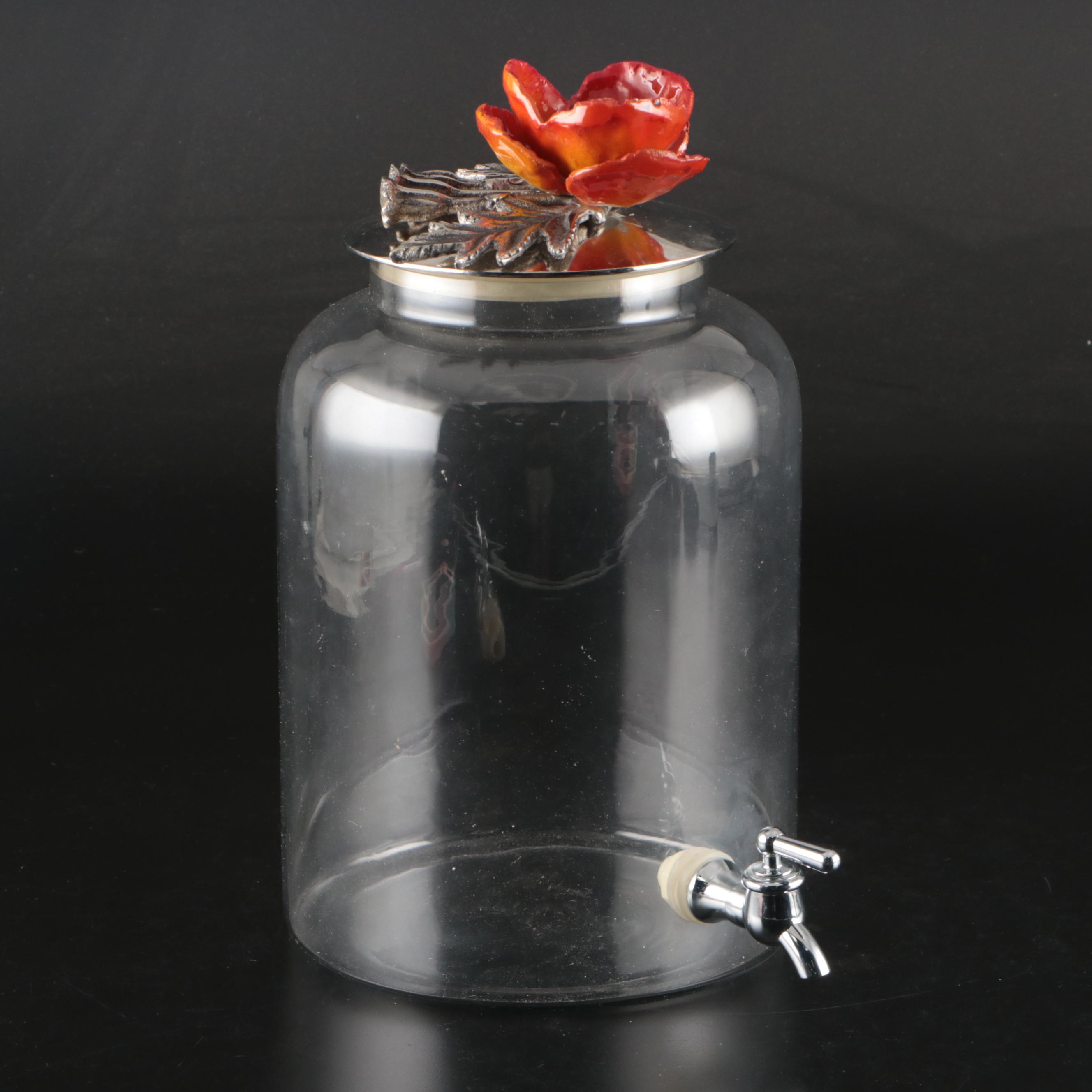 Glass Drinks Dispenser with Sculpted Metal Floral Base and Lid