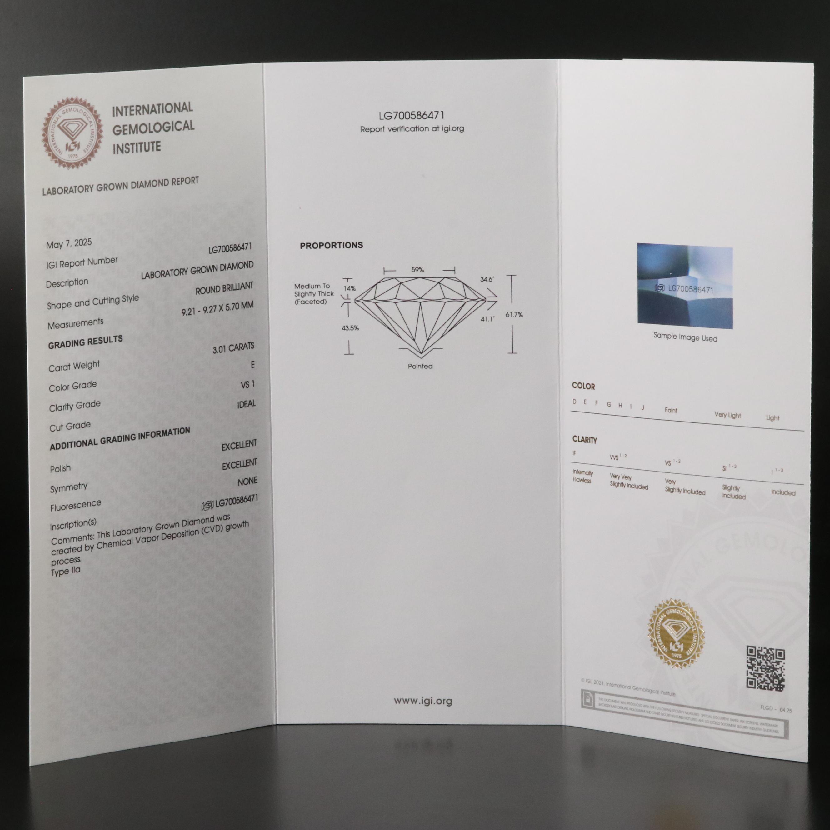 14K 3.01 CT Lab Grown Diamond Solitaire Ring with IGI Report