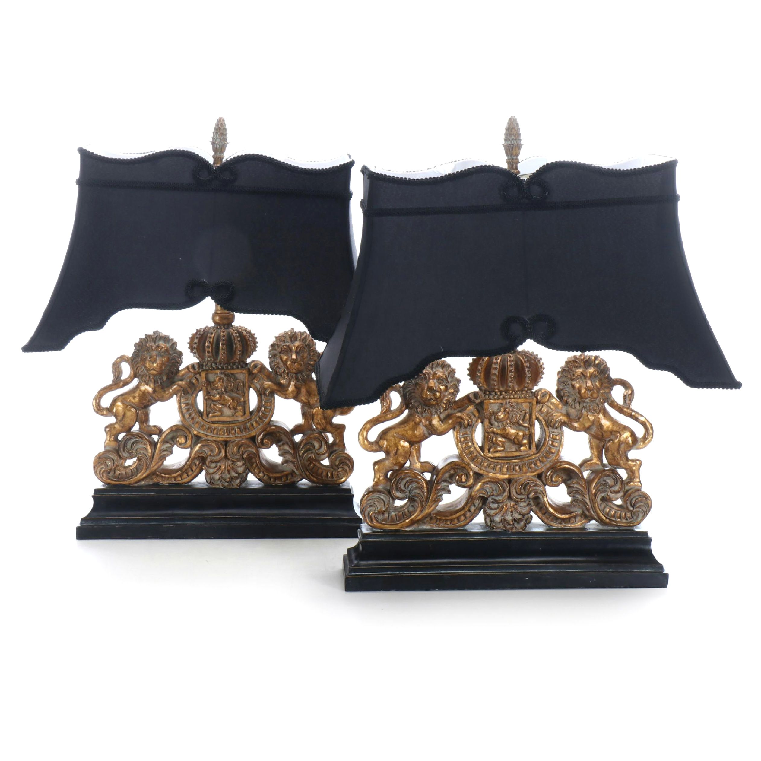 Continental Style Gilt Resin Heraldic Table Lamps with Custom Black Silk Shades