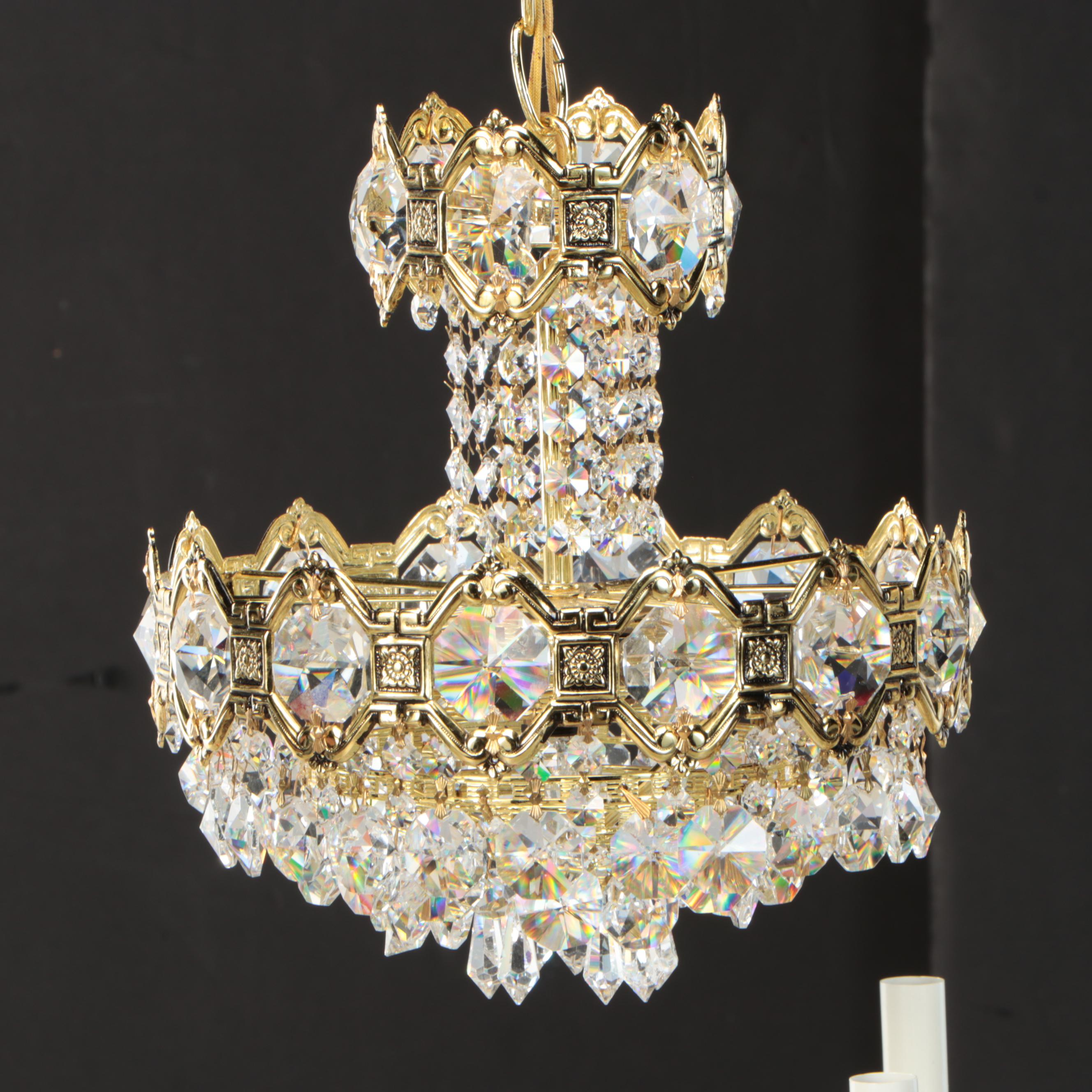 Gilt Metal and Crystal Eight-Arm Chandelier with Matching Mini Pendant