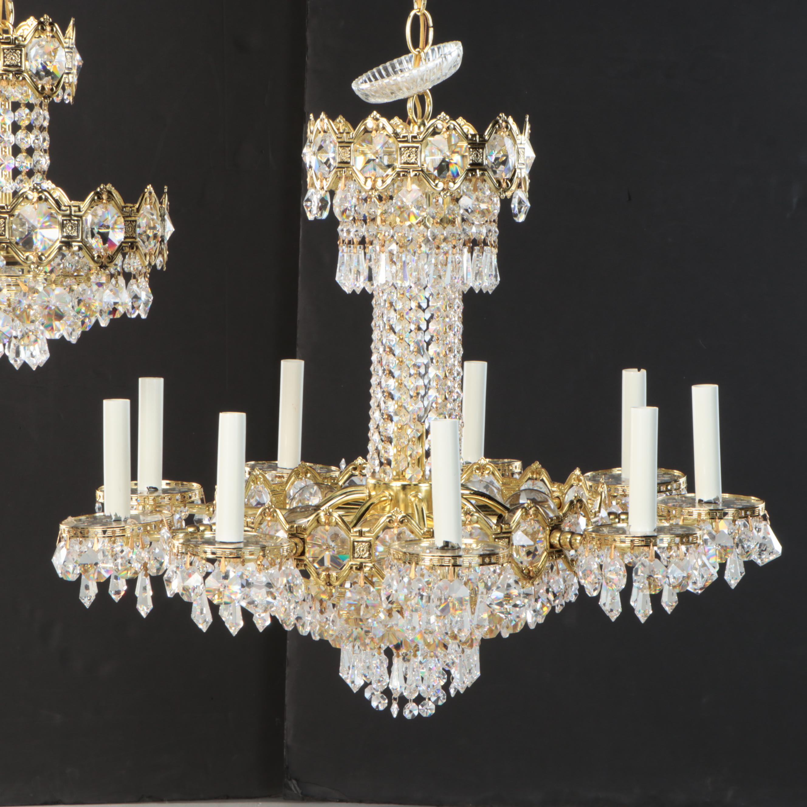 Gilt Metal and Crystal Eight-Arm Chandelier with Matching Mini Pendant