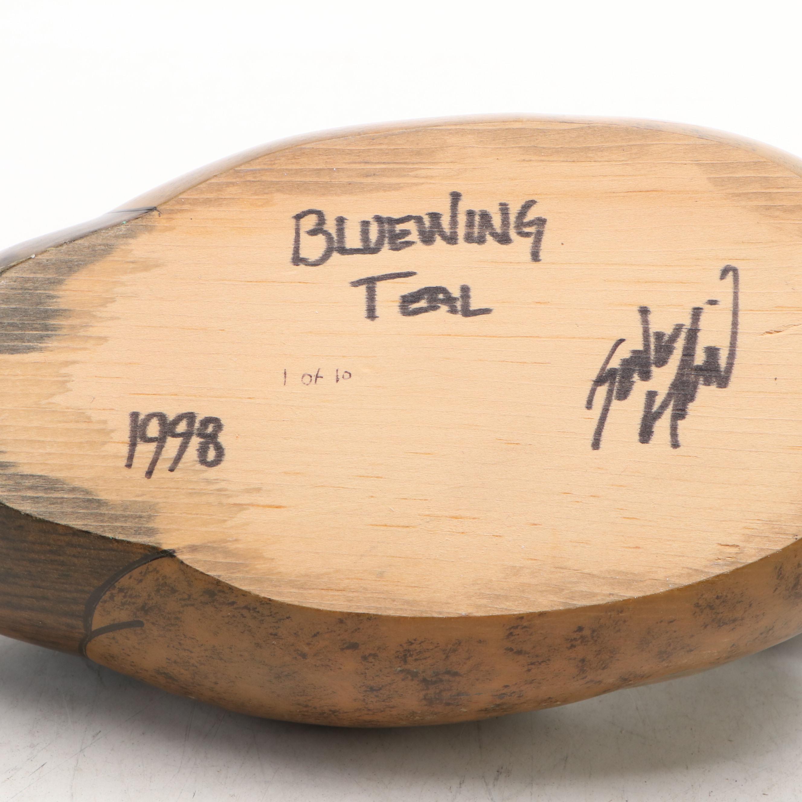 Signed Handcrafted and Painted Wood Bluewing Teal Wood Duck Decoy, 1998